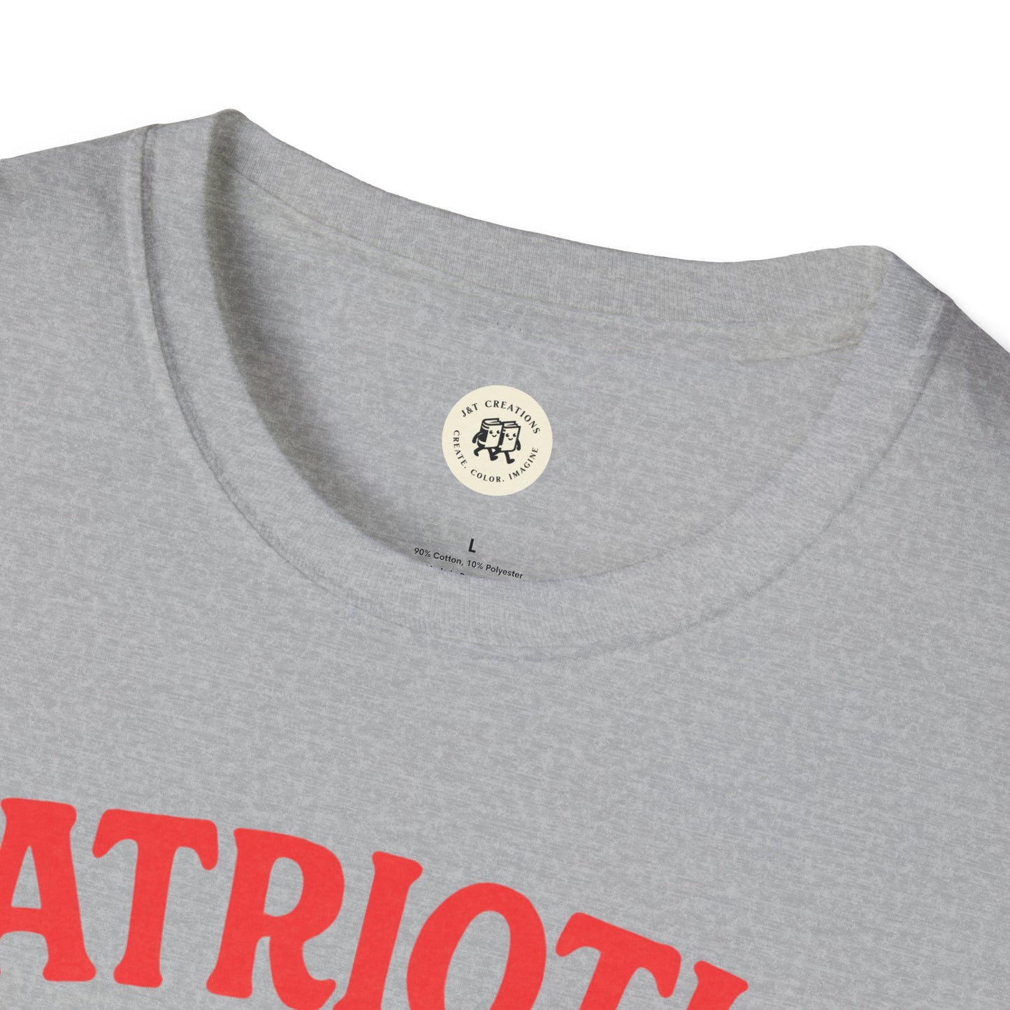 Close-up of Printify gray Patriotic Ben Franklin t-shirt with red text and round neckline