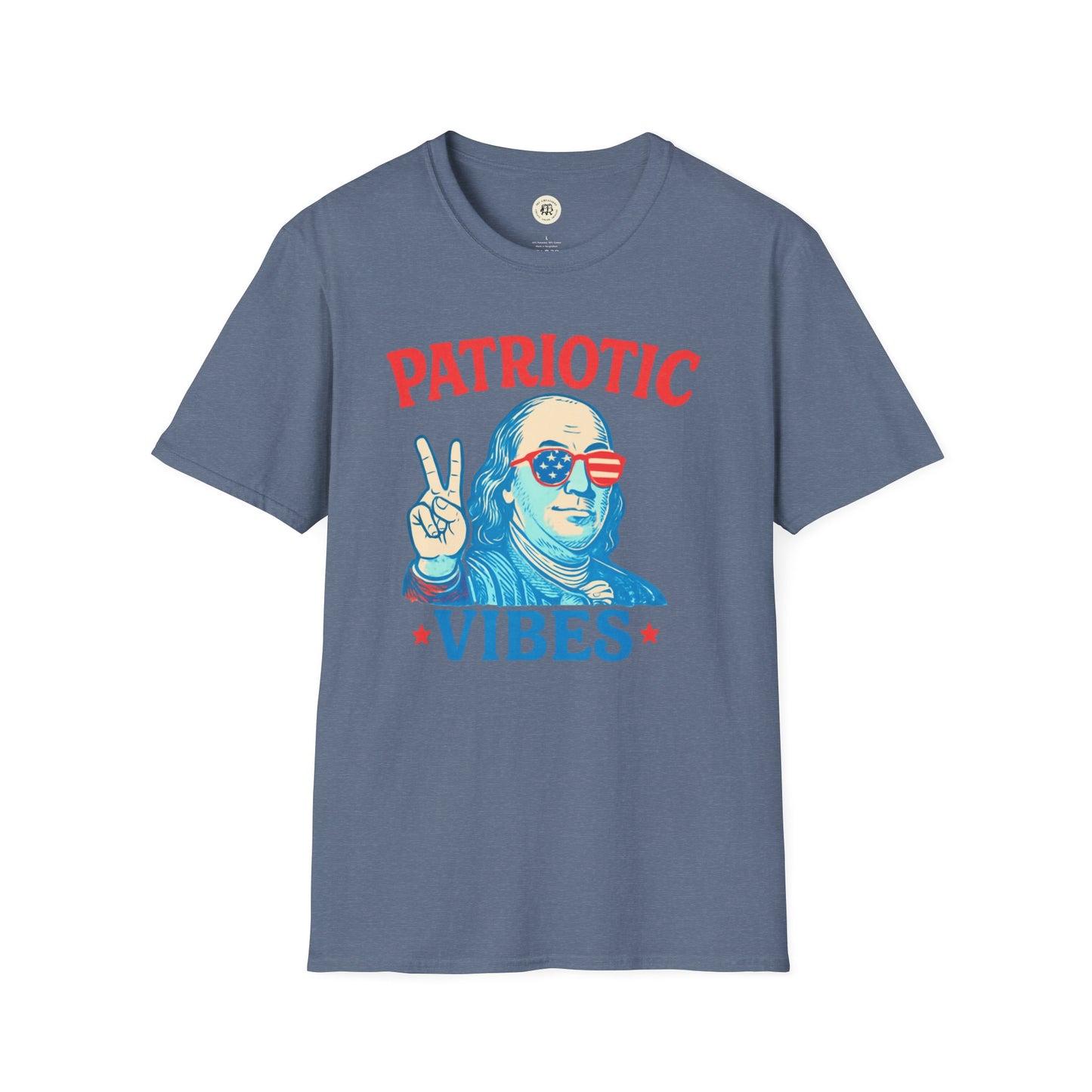Printify patriotic Ben Franklin t-shirt with graphic of Ben Franklin wearing American flag sunglasses and peace sign