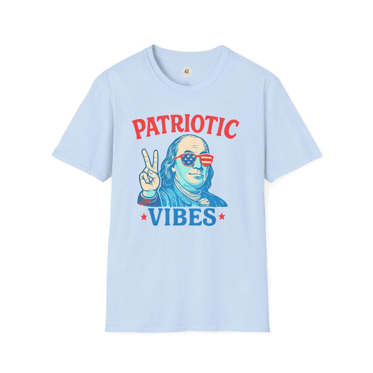 Light blue Patriotic Ben Franklin t-shirt with Ben Franklin wearing American flag sunglasses and peace sign