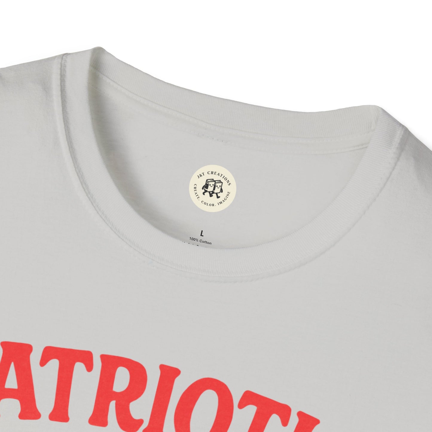 Close-up of white Patriotic Ben Franklin t-shirt collar and red printed text by Printify