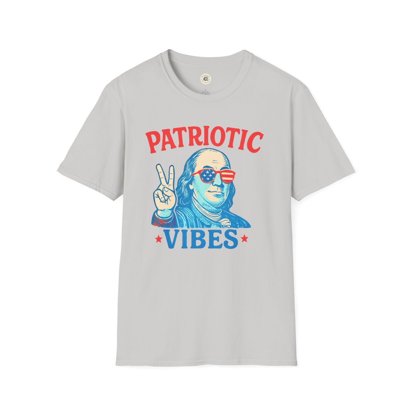 Printify patriotic Ben Franklin t-shirt with red and blue graphic of Ben Franklin wearing American flag sunglasses