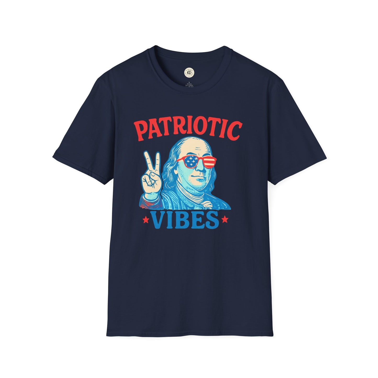 Navy Printify t-shirt featuring Patriotic Ben Franklin t-shirt design with red and blue text and graphic