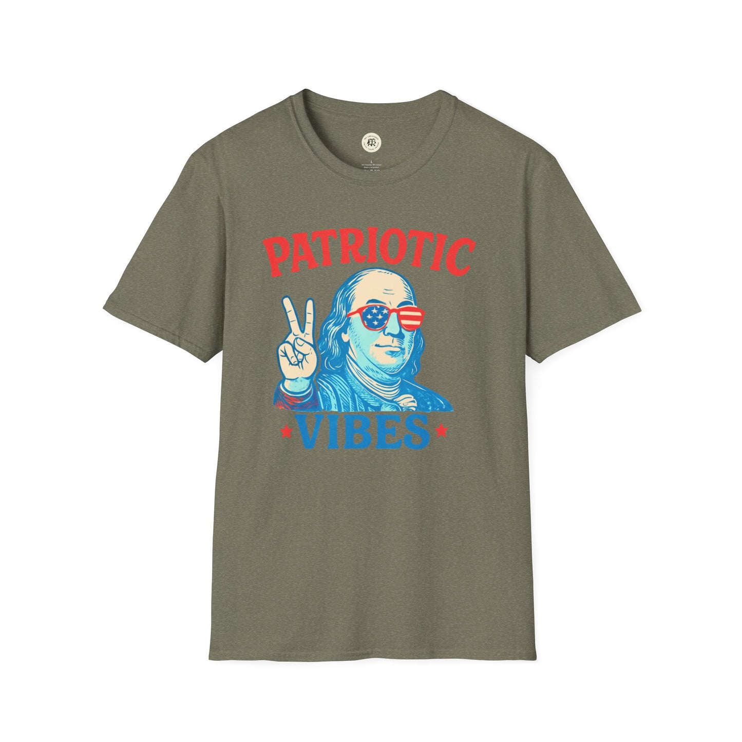 Printify Patriotic Ben Franklin t-shirt with red and blue graphic on olive green fabric