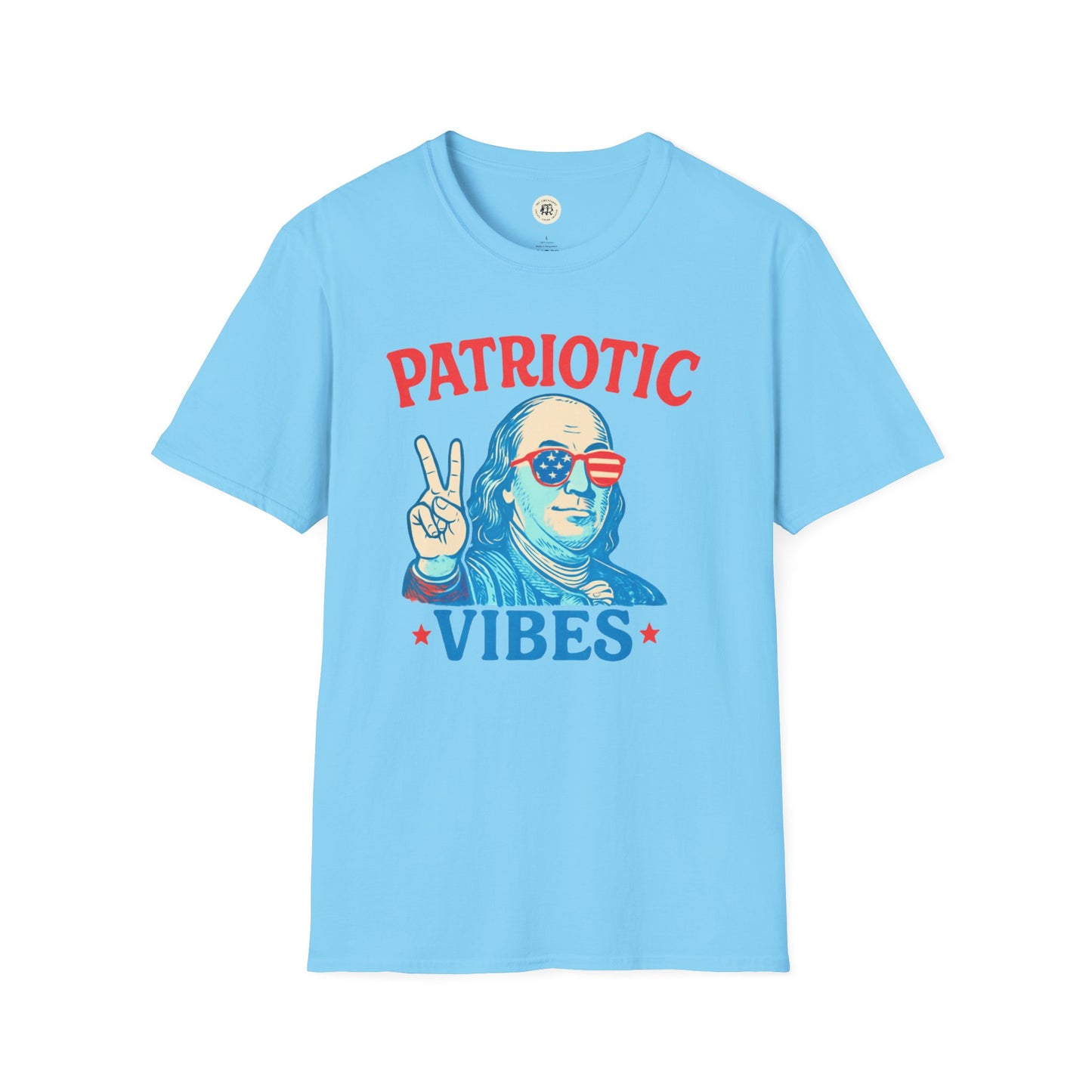 Printify light blue Patriotic Ben Franklin t-shirt with graphic of Ben Franklin wearing patriotic sunglasses