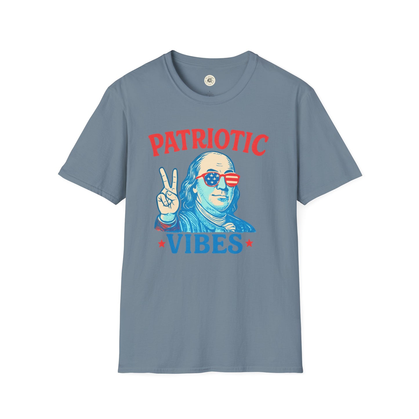 Printify Patriotic Ben Franklin t-shirt with graphic of Ben Franklin wearing American flag sunglasses and peace sign