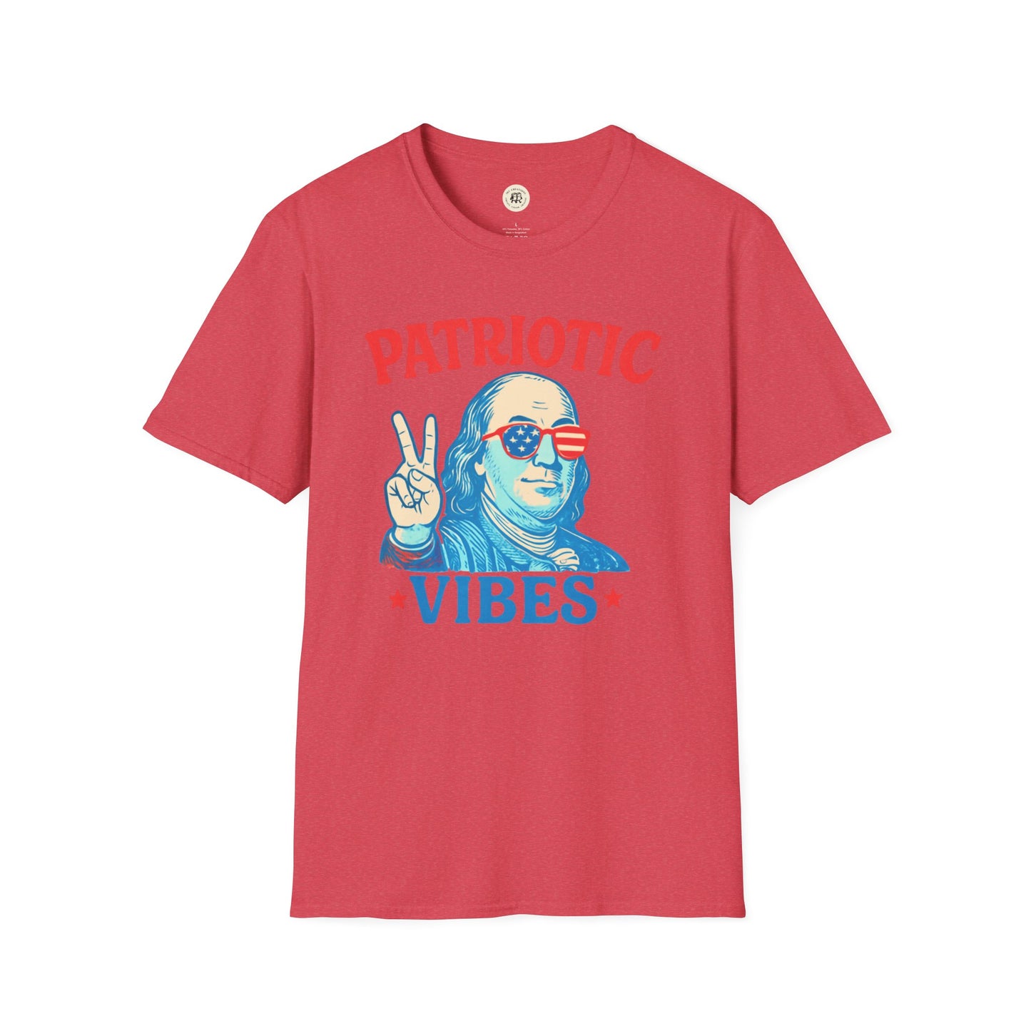 Red Patriotic Ben Franklin t-shirt with graphic of Ben Franklin wearing American flag sunglasses and peace sign