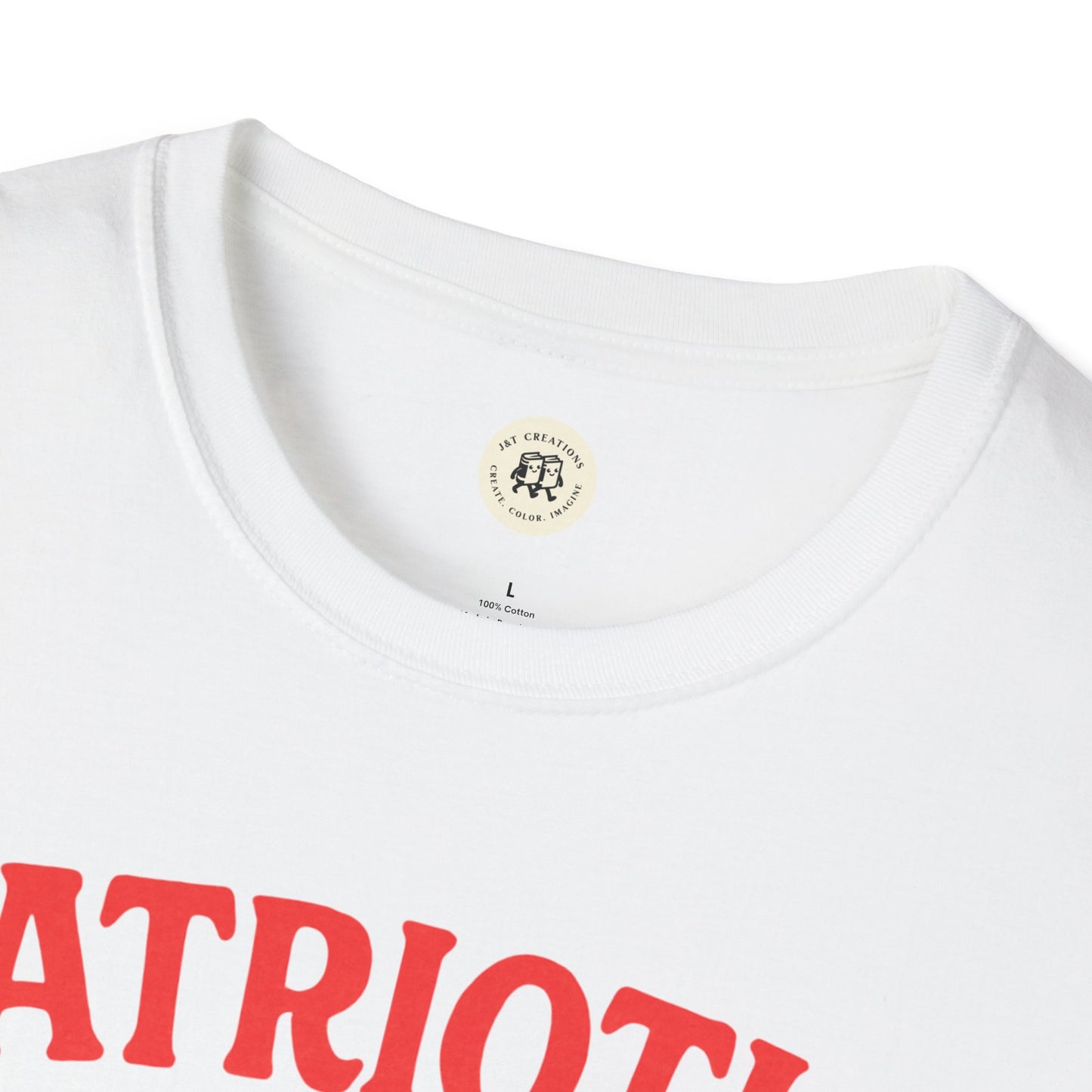 Close-up of a white Printify Patriotic Ben Franklin t-shirt featuring red text and a round neckline