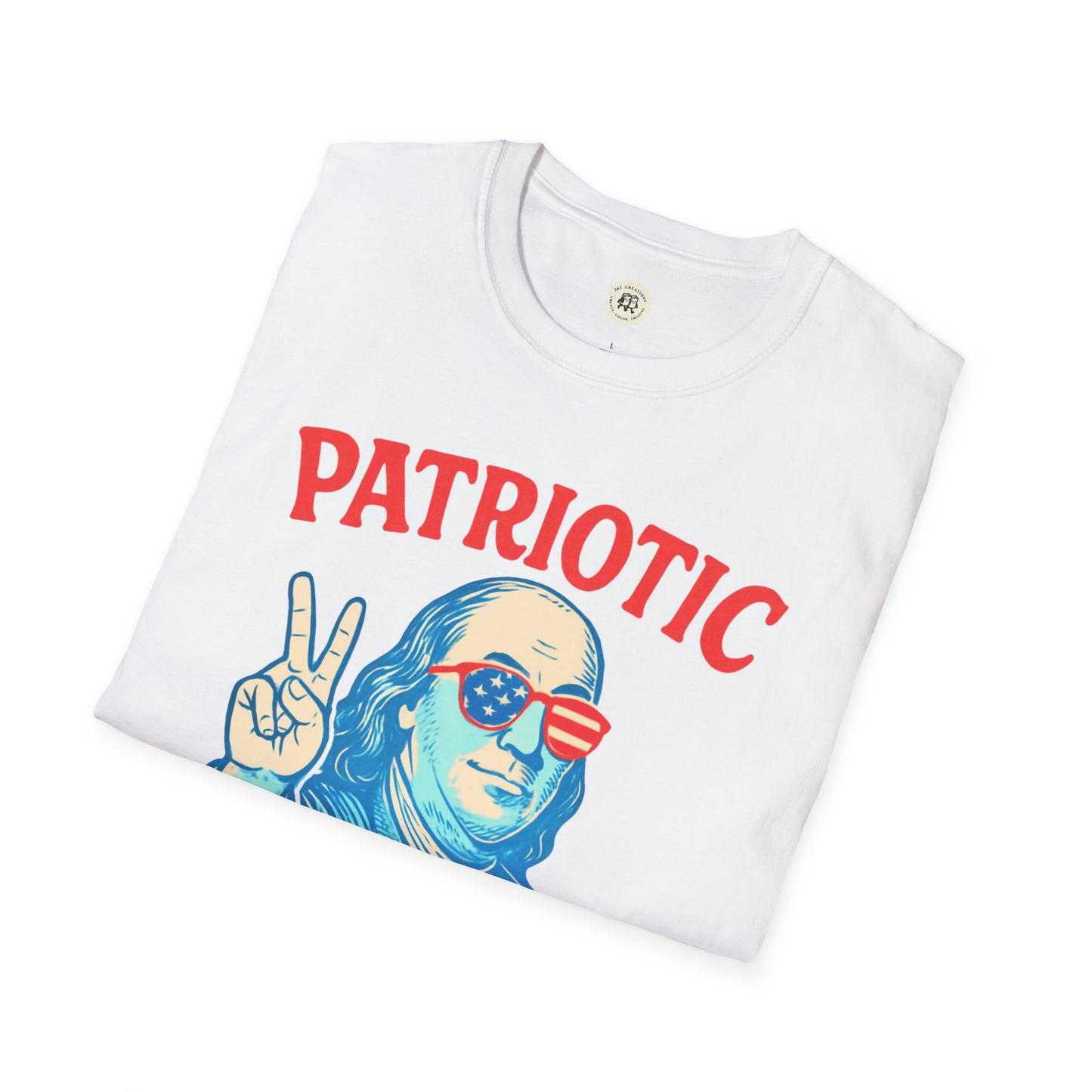 White Patriotic Ben Franklin t-shirt with graphic of Ben Franklin wearing American flag sunglasses and peace sign