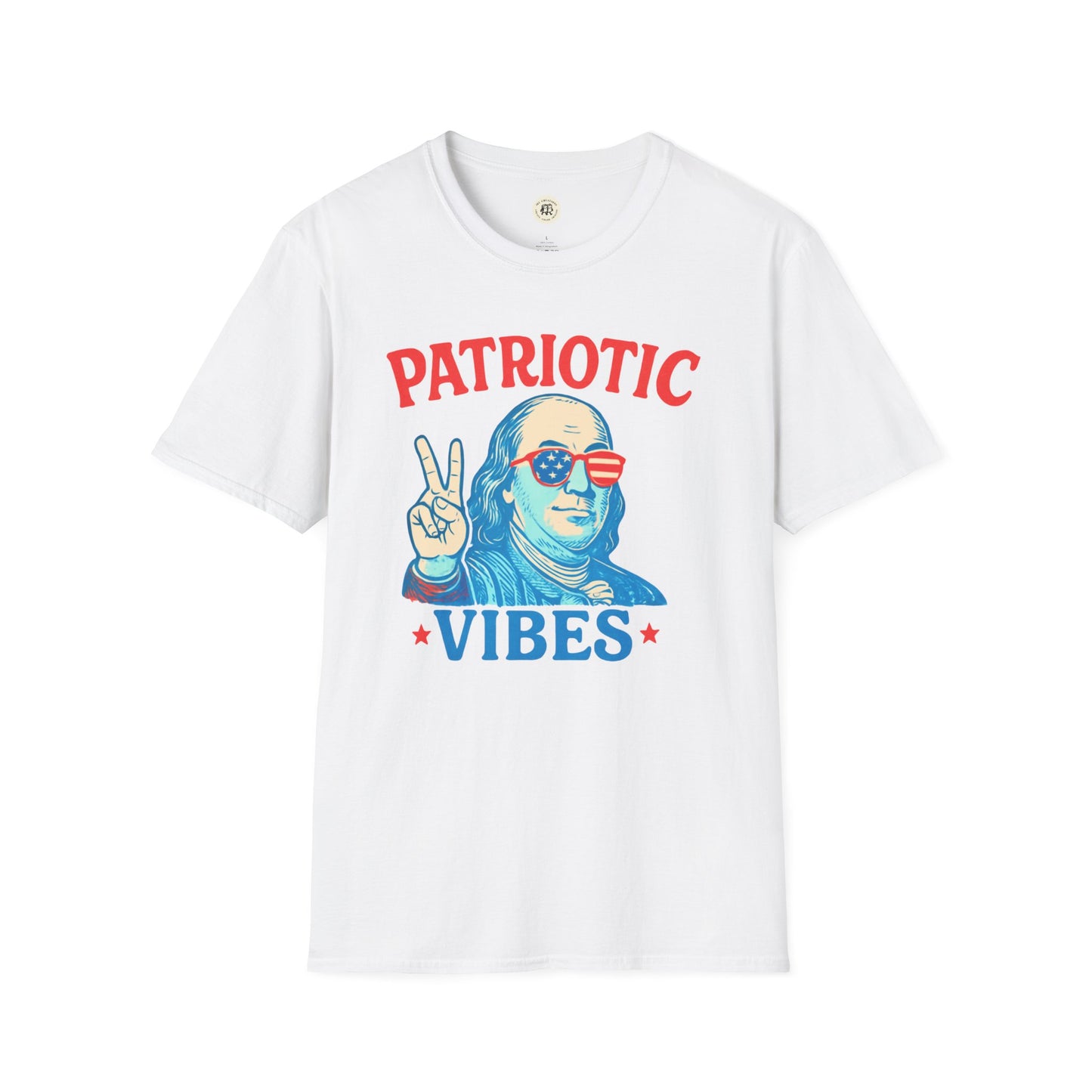 White Printify patriotic Ben Franklin t-shirt with red and blue graphic design and peace sign