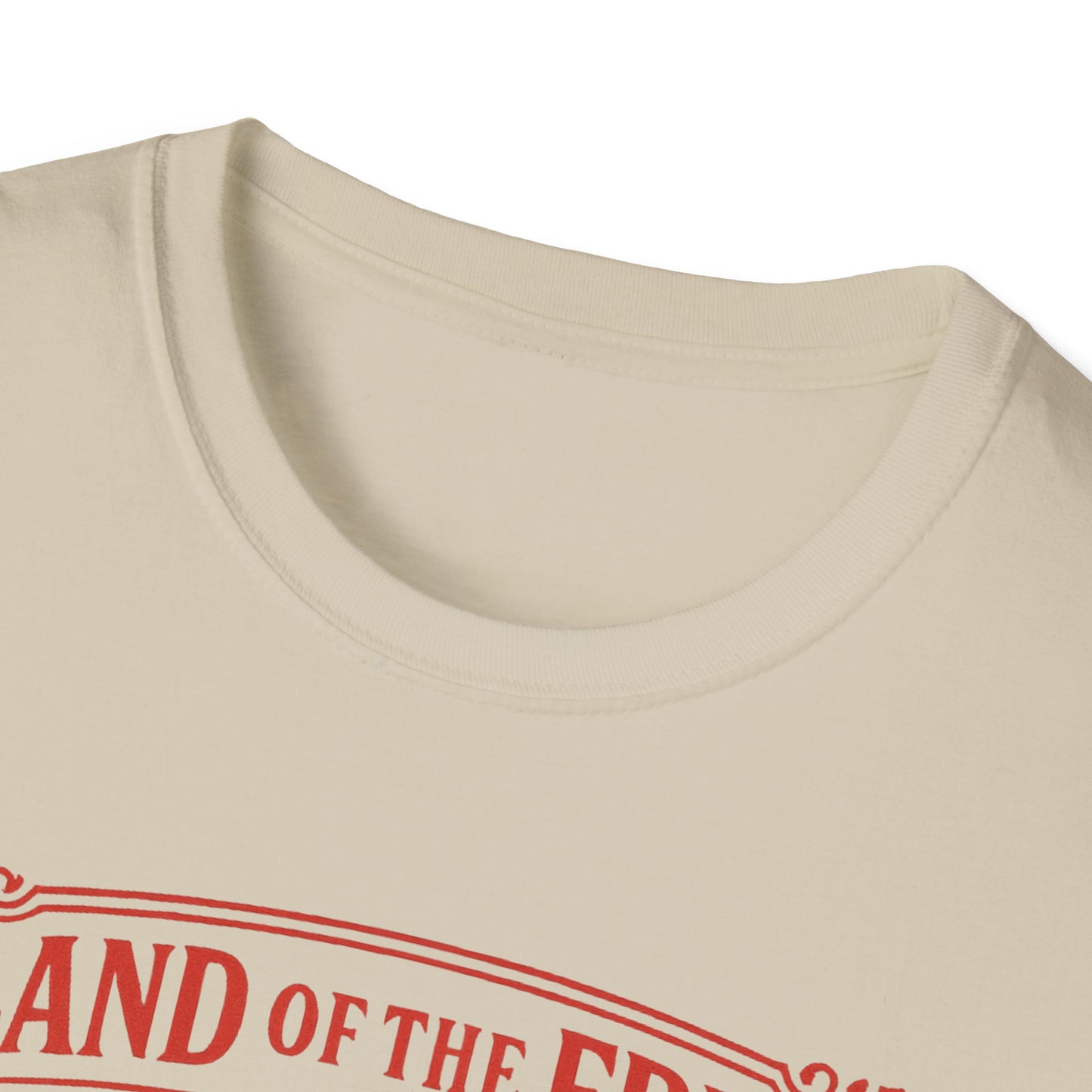 Close-up of beige Printify patriotic eagle t-shirt with red text printed near the collar