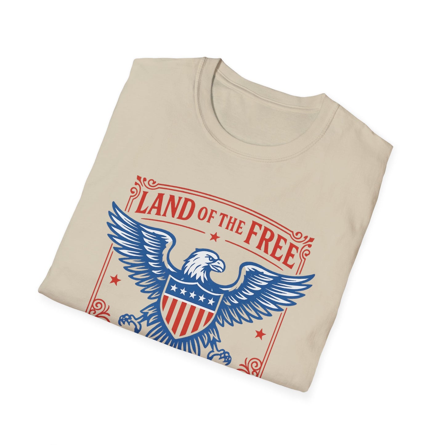 Printify patriotic eagle t-shirt featuring a blue eagle with red and white shield and Land of the Free text