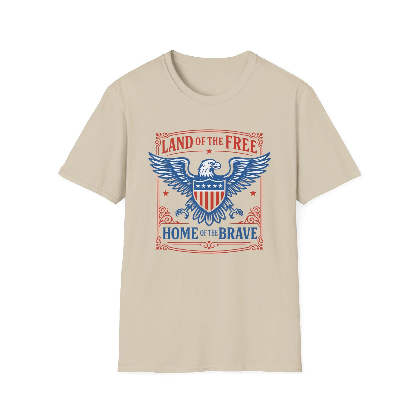 Printify patriotic eagle t-shirt with Land of the Free Home of the Brave design in red and blue