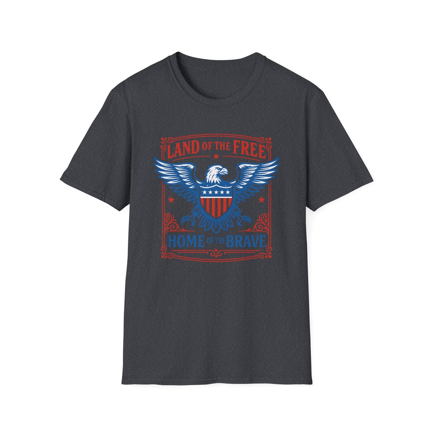 Printify patriotic eagle t-shirt with red white and blue eagle and patriotic text on black background