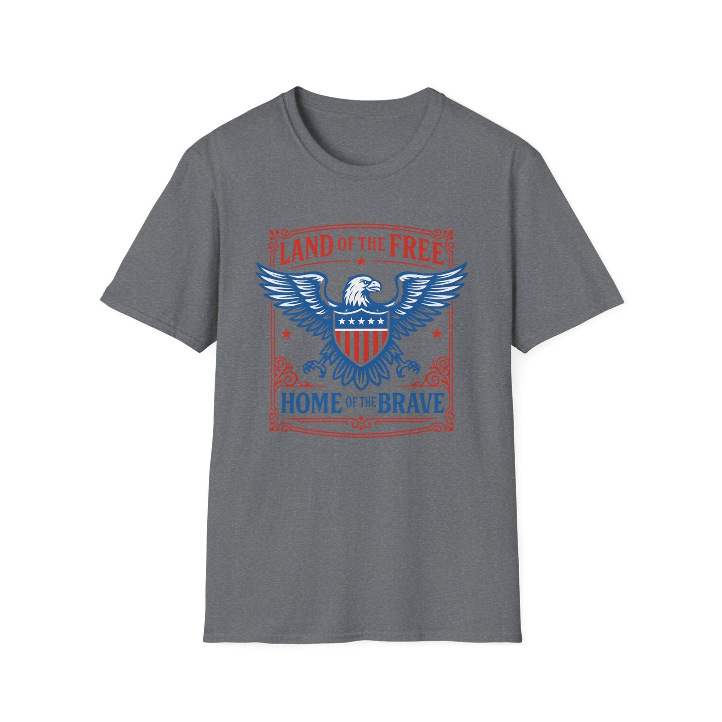 Gray patriotic eagle t-shirt with red white and blue eagle and Land of the Free Home of the Brave design