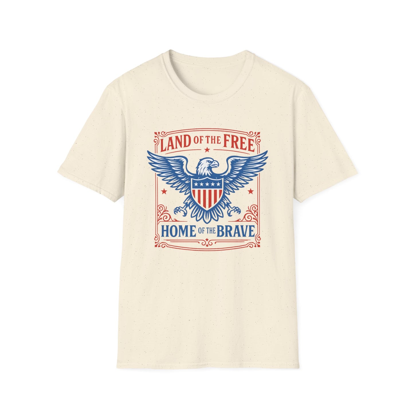 Printify patriotic eagle t-shirt in cream with red white and blue Land of the Free Home of the Brave design