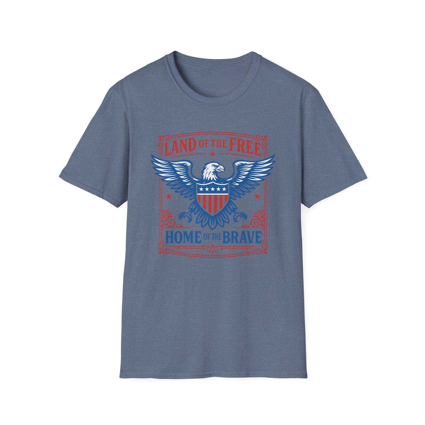 Printify patriotic eagle t-shirt with Land of the Free and Home of the Brave design on blue fabric