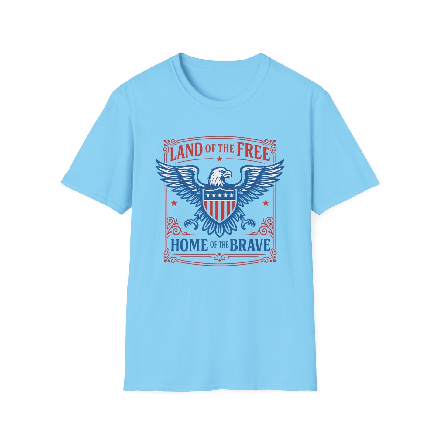 Light blue patriotic eagle t-shirt with Land of the Free and Home of the Brave graphic design
