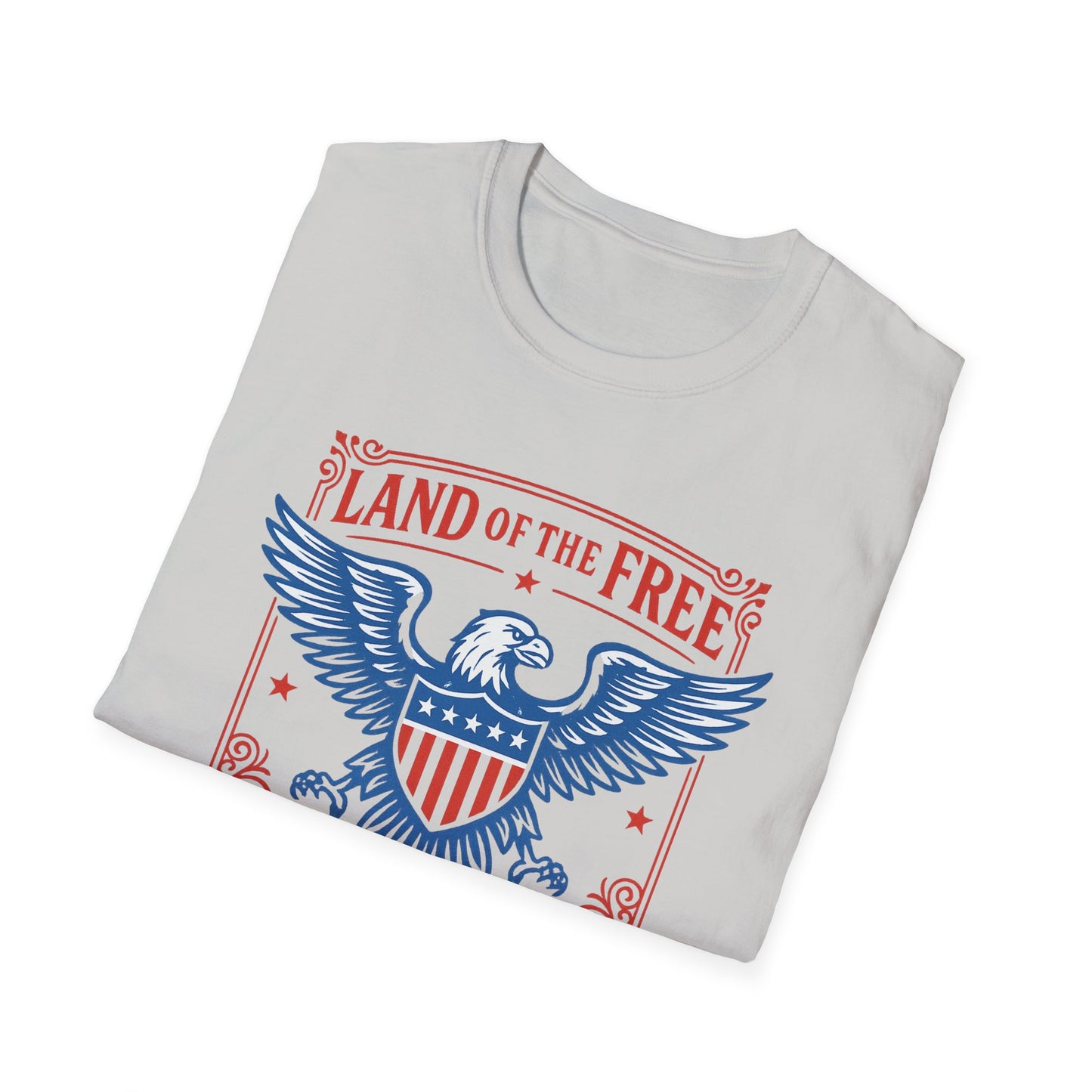 White patriotic eagle t-shirt with blue and red American eagle and Land of the Free design