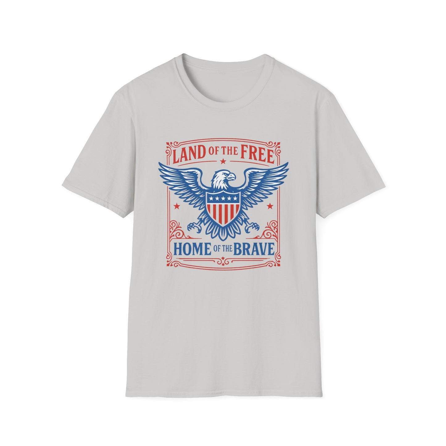 Printify patriotic eagle t-shirt in white featuring red and blue Land of the Free Home of the Brave design