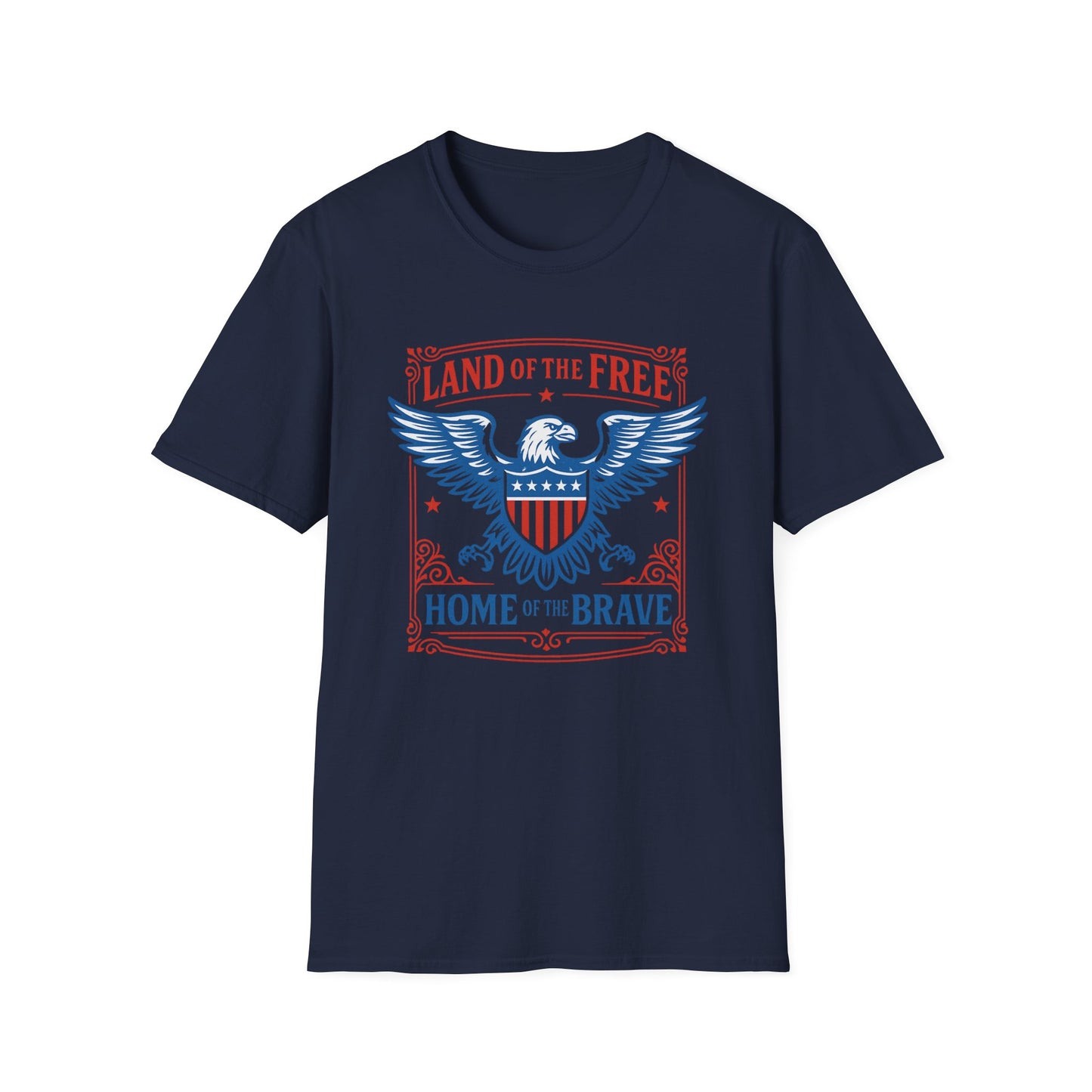 Patriotic eagle t-shirt in navy blue with Land of the Free Home of the Brave graphic design