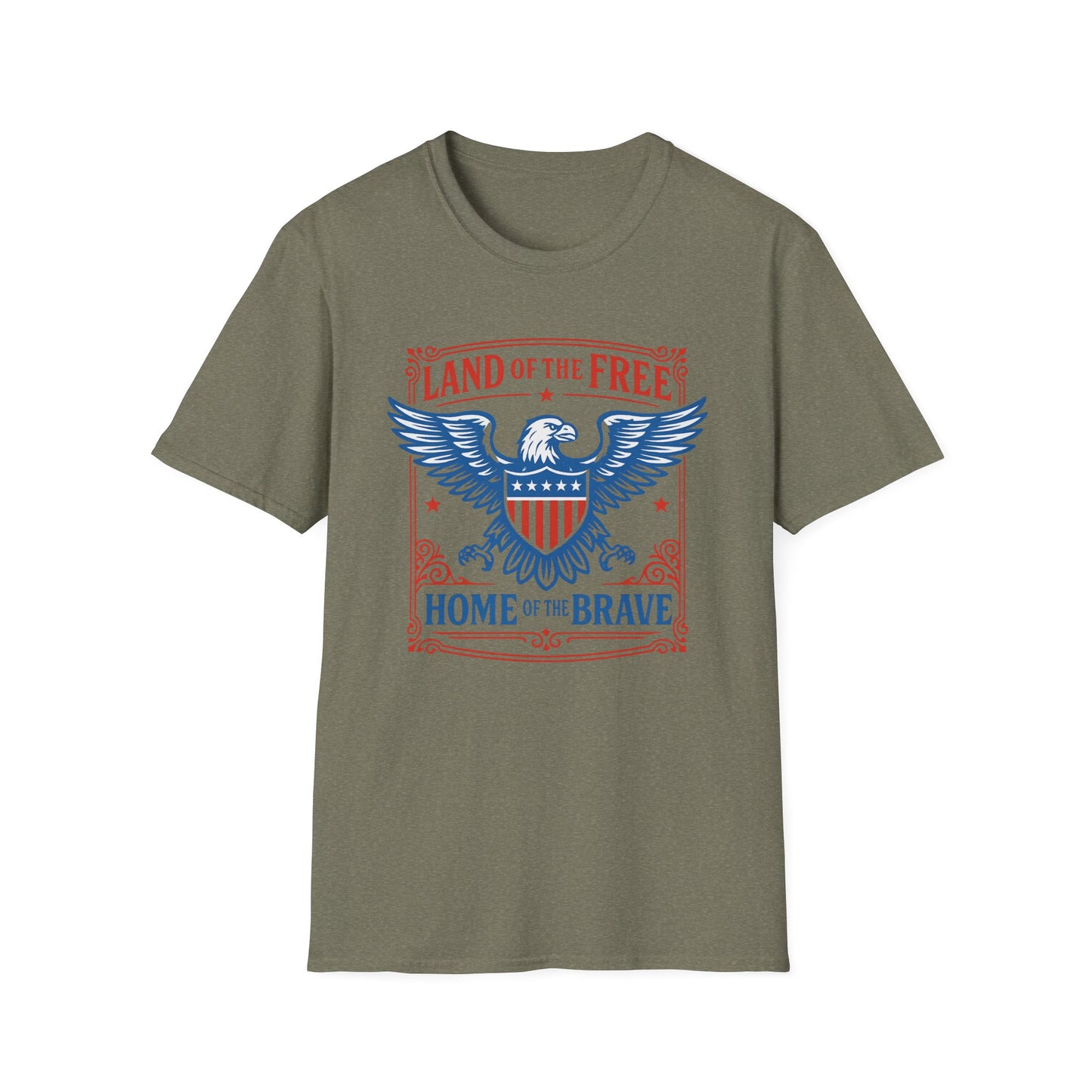 Printify patriotic eagle t-shirt with Land of the Free Home of the Brave design on olive green fabric