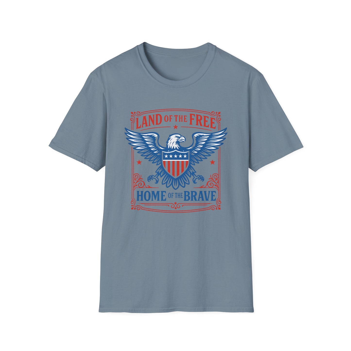 Printify patriotic eagle t-shirt with Land of the Free Home of the Brave design on blue cotton fabric