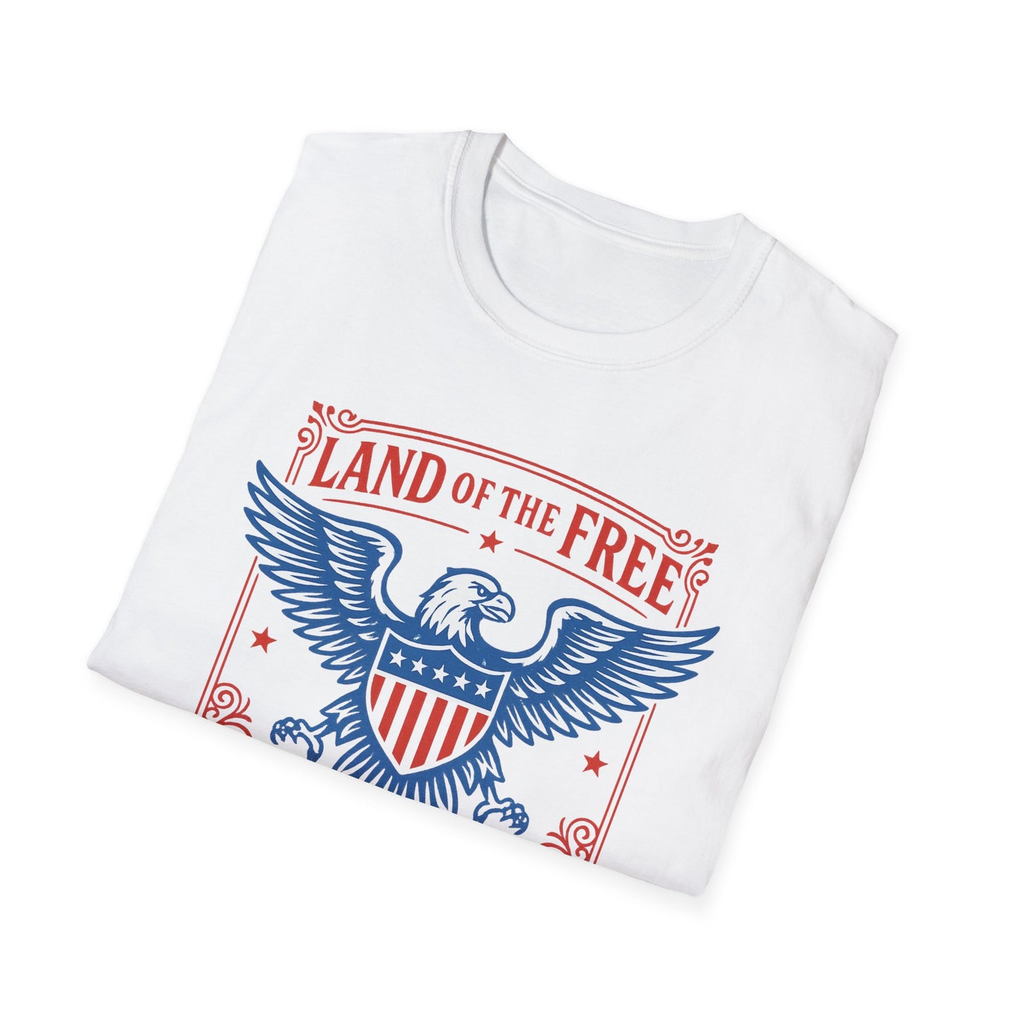 Printify white patriotic eagle t-shirt with Land of the Free graphic in red and blue