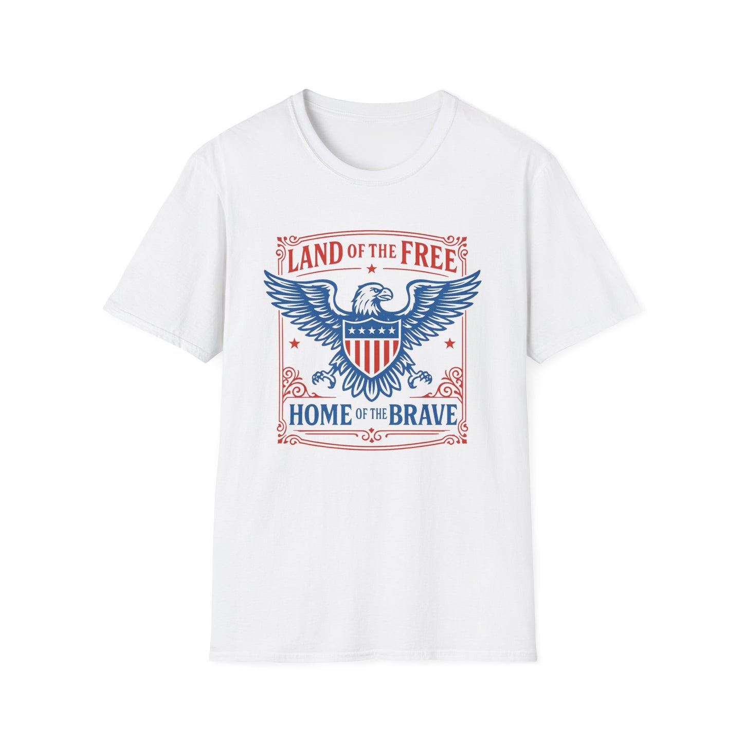 White patriotic eagle t-shirt with blue and red patriotic design and text land of the free