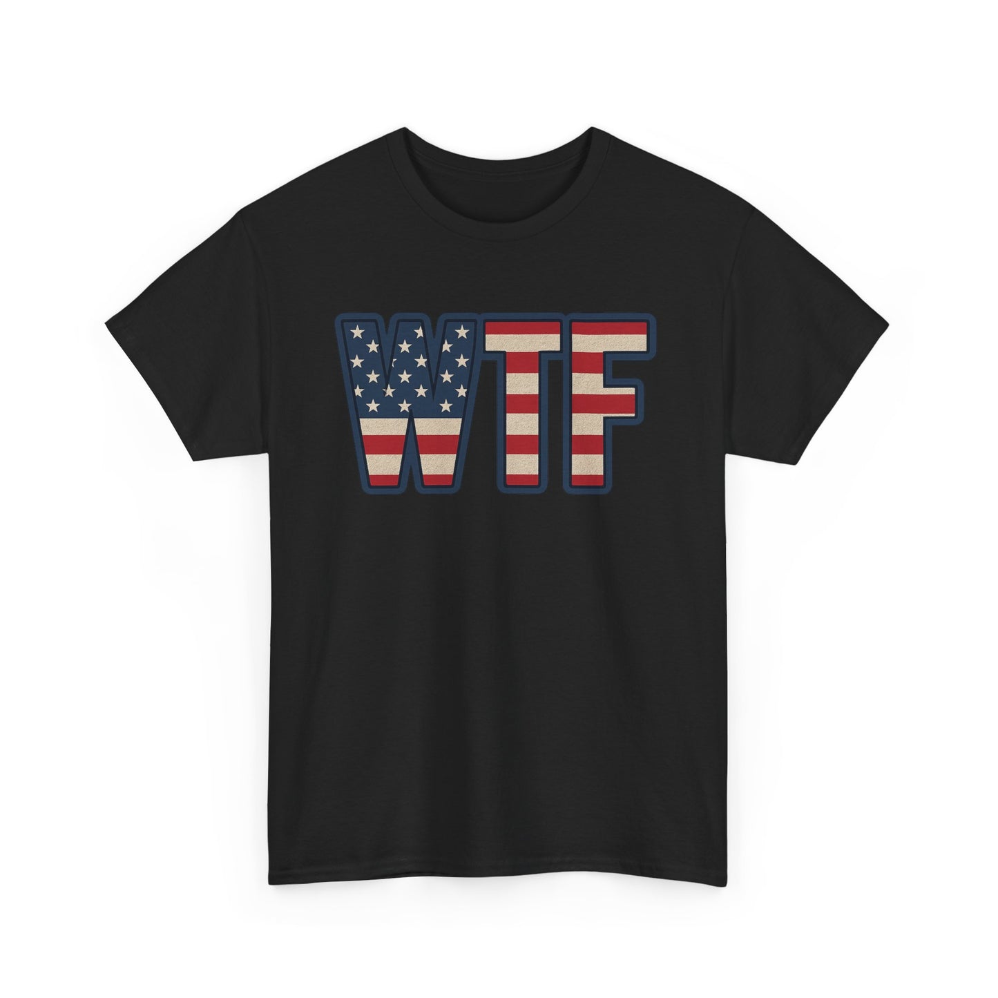 Black Printify patriotic humor t-shirt with WTF letters in American flag design