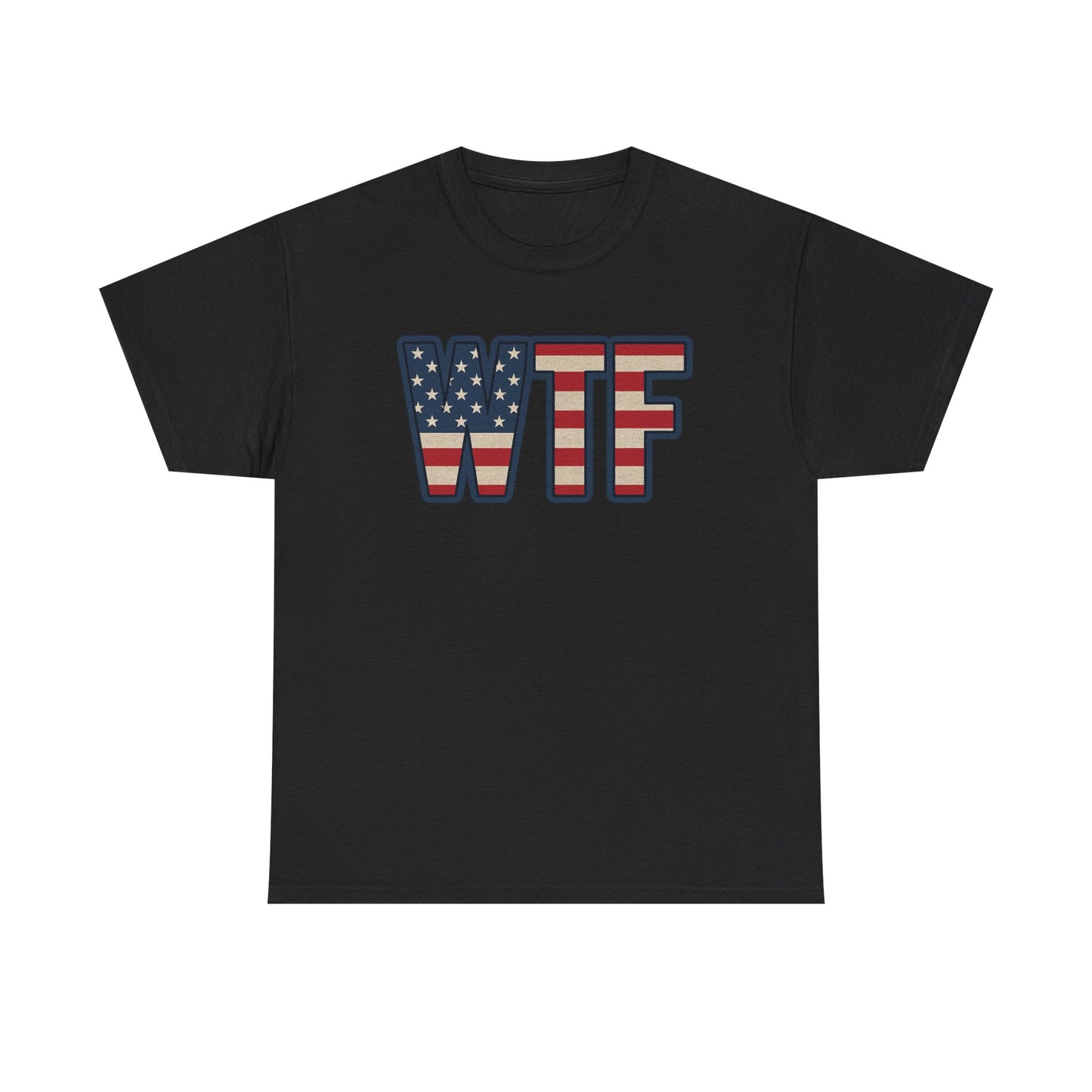 Black Printify T-shirt with WTF letters in American flag design patriotic humor t-shirt