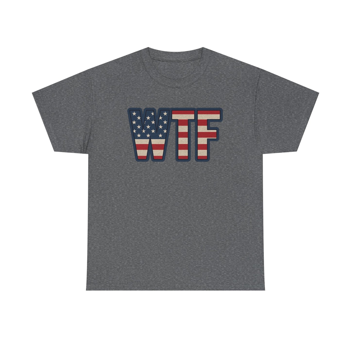 Printify gray t-shirt with WTF letters in American flag design patriotic humor t-shirt