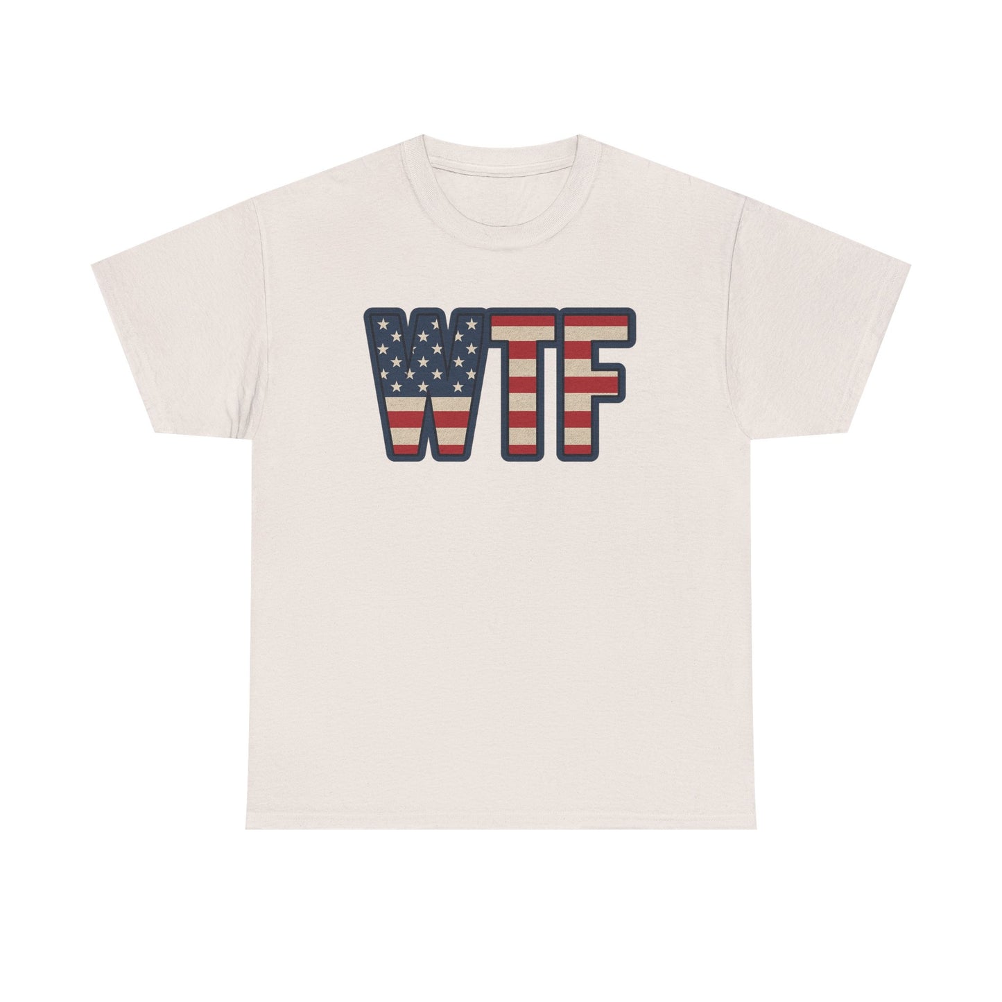 Printify patriotic humor t-shirt with WTF letters in American flag design on white fabric