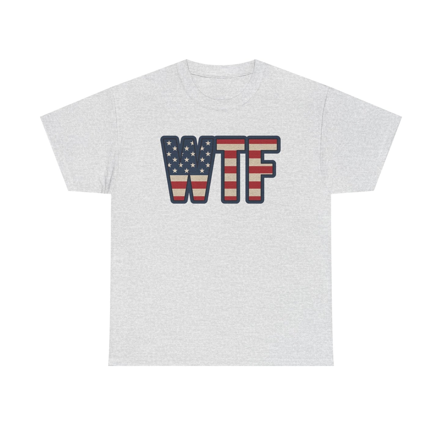 Gray Printify patriotic humor t-shirt with WTF letters styled in American flag design