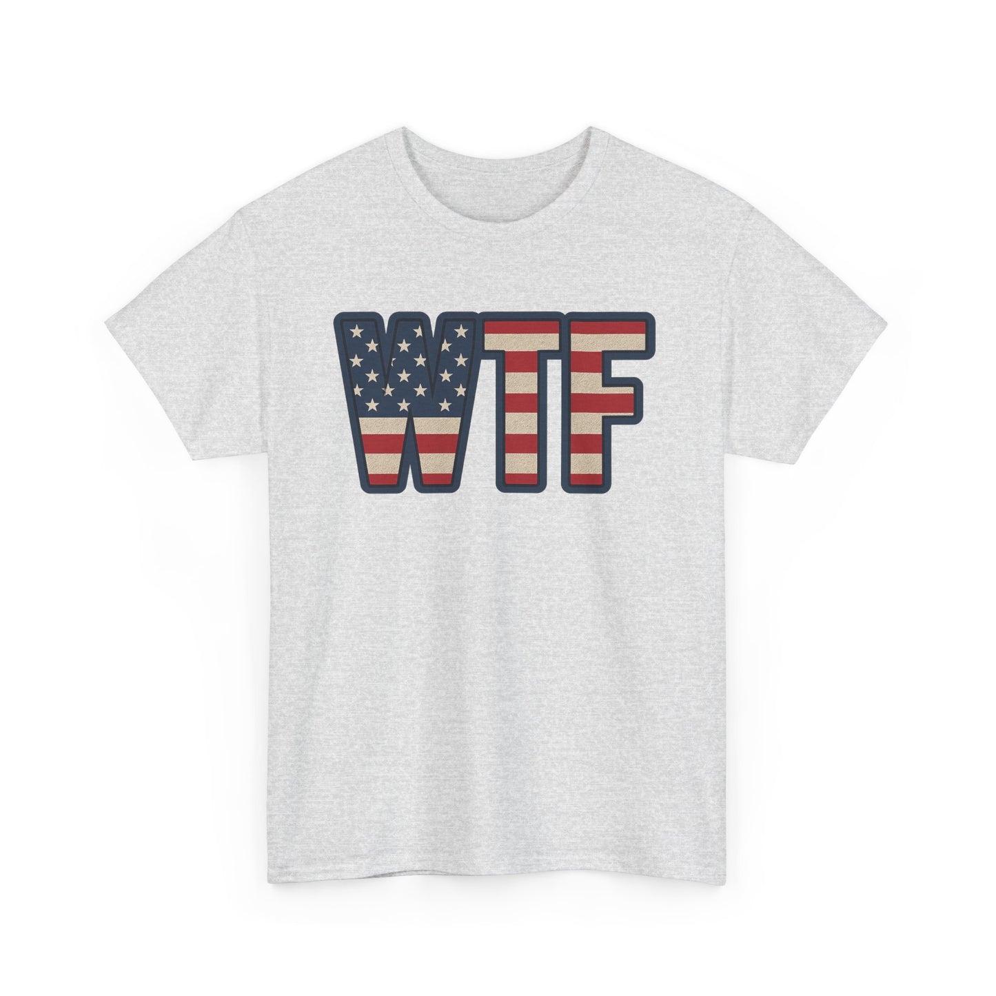 Gray Printify patriotic humor t-shirt with WTF letters featuring American flag design