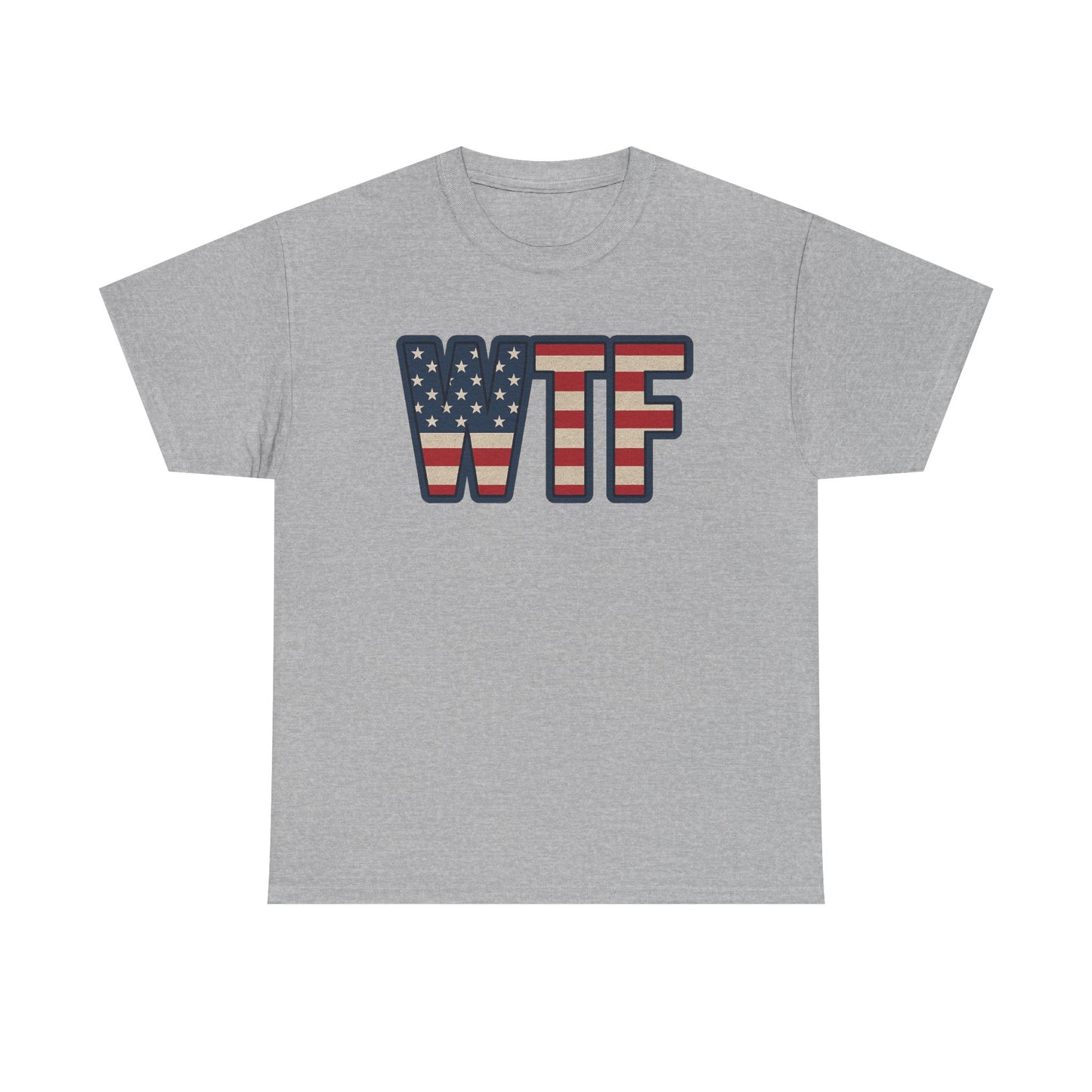 Gray Printify patriotic humor t-shirt with WTF letters in American flag design