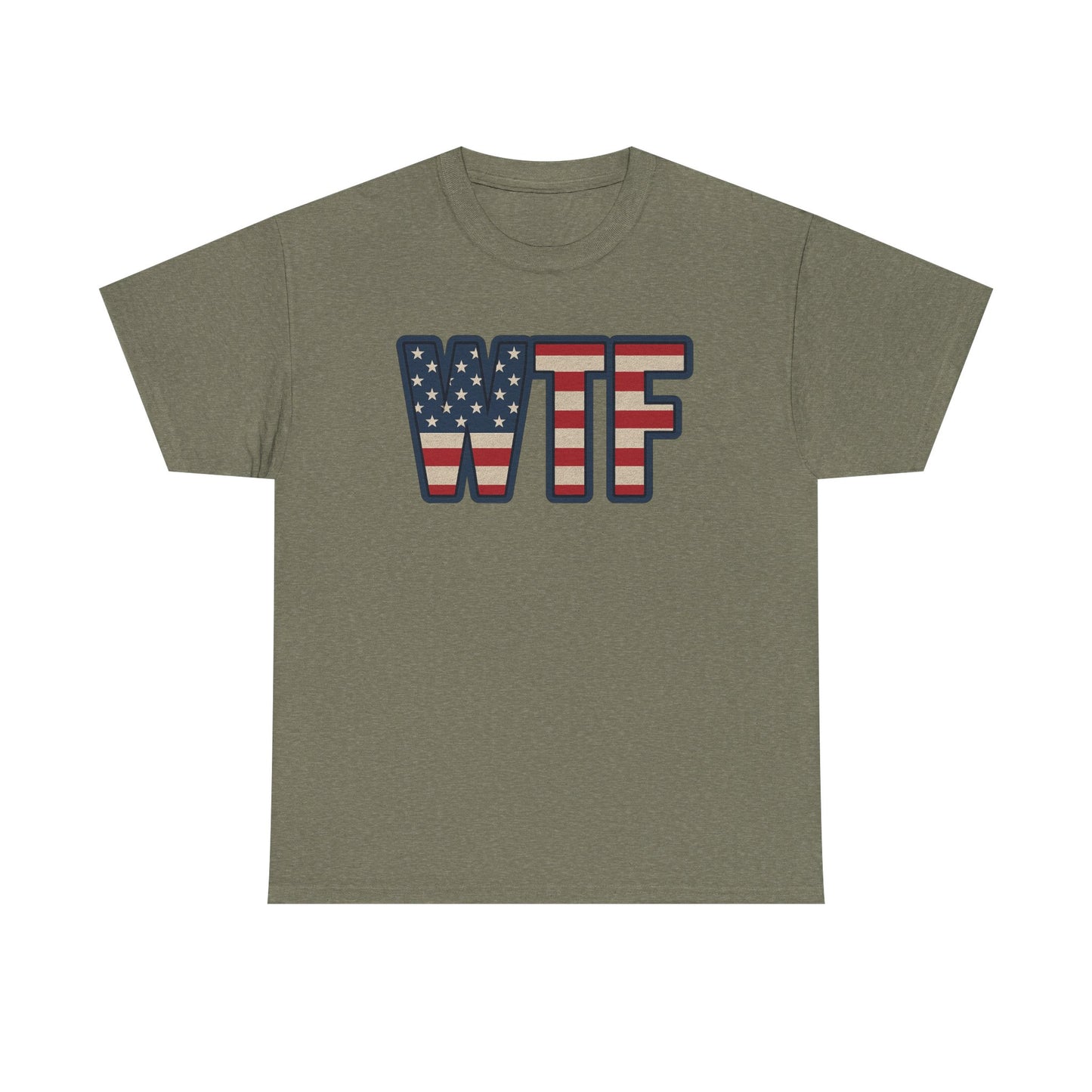 Printify olive green patriotic humor t-shirt with WTF letters in American flag design