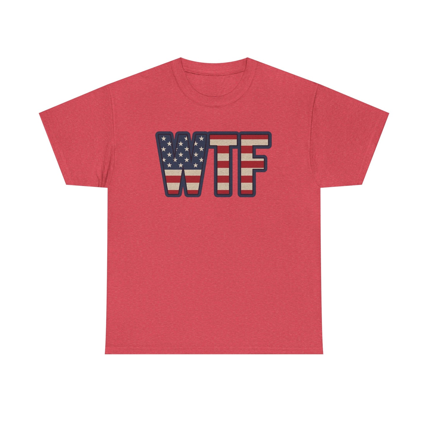 Red Printify patriotic humor t-shirt with WTF letters in American flag design