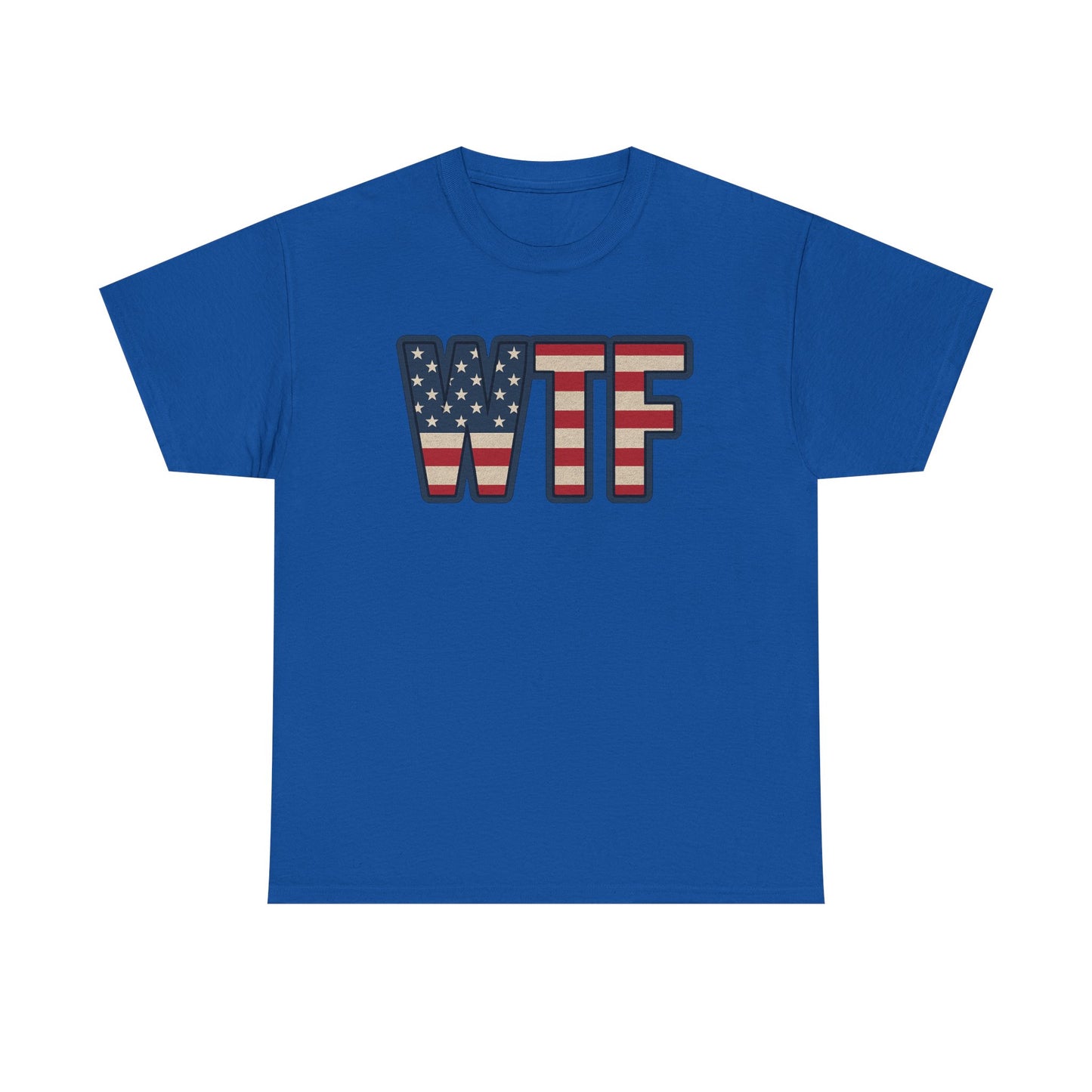 Blue Printify patriotic humor t-shirt with WTF letters in American flag design
