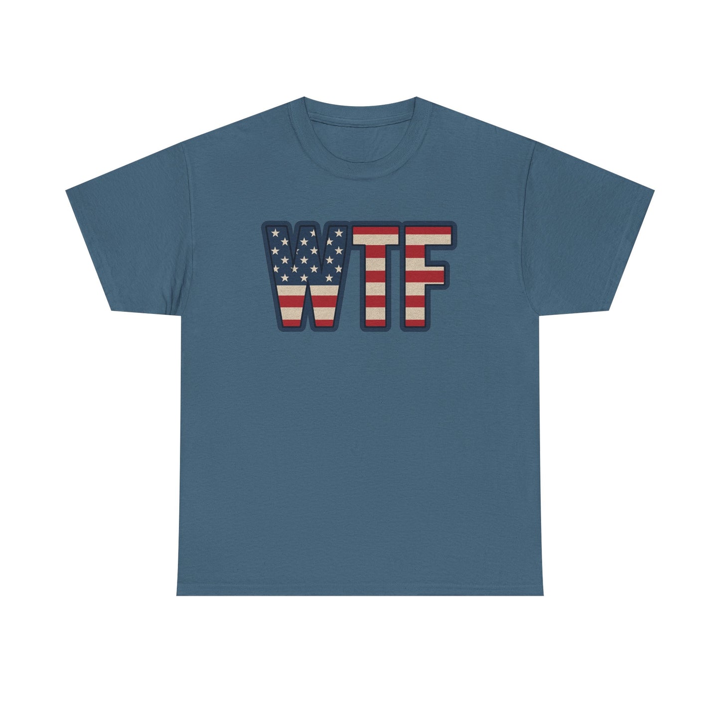Blue Printify t-shirt with WTF letters featuring American flag design patriotic humor t-shirt