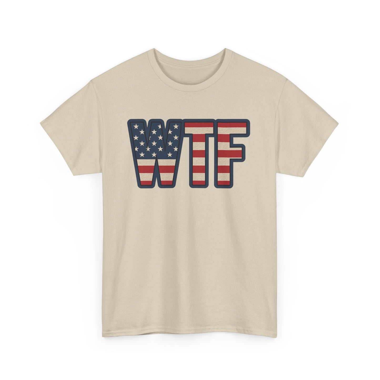 Printify beige patriotic humor t-shirt with WTF letters in American flag pattern