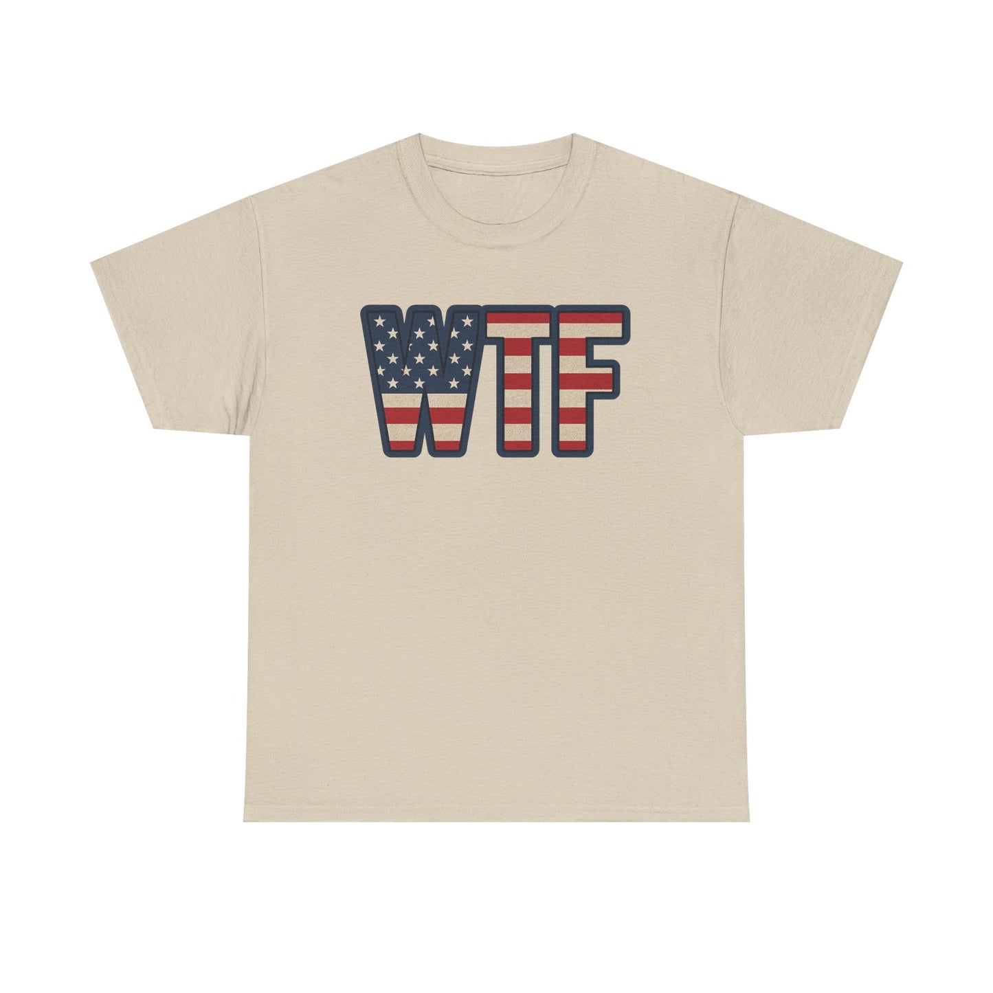 Printify patriotic humor t-shirt with WTF letters in American flag design on beige cotton tee