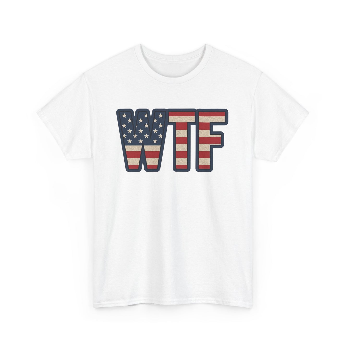 White patriotic humor t-shirt with WTF letters in American flag design by Printify
