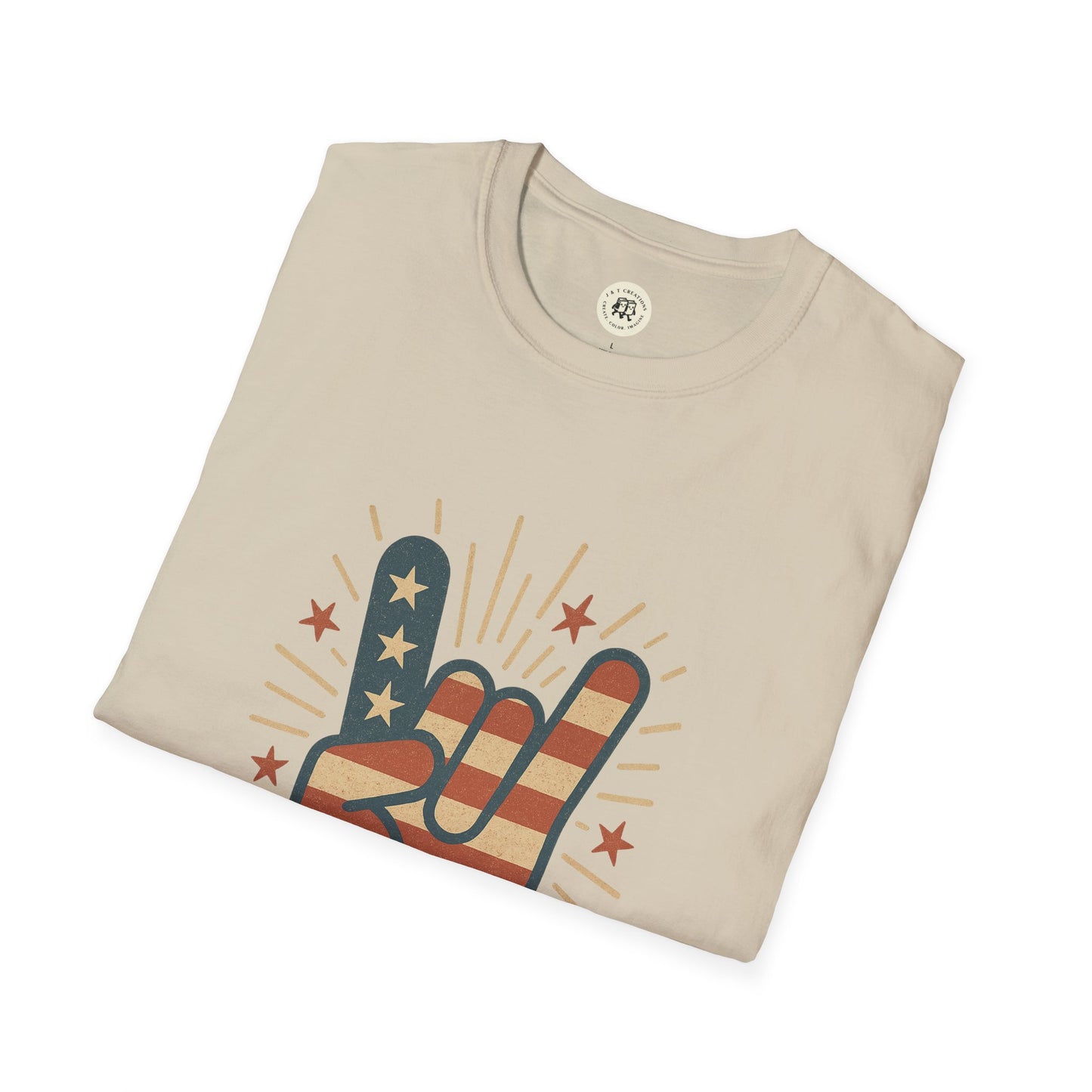 Beige Printify patriotic rock t-shirt with American flag hand gesture and stars graphic