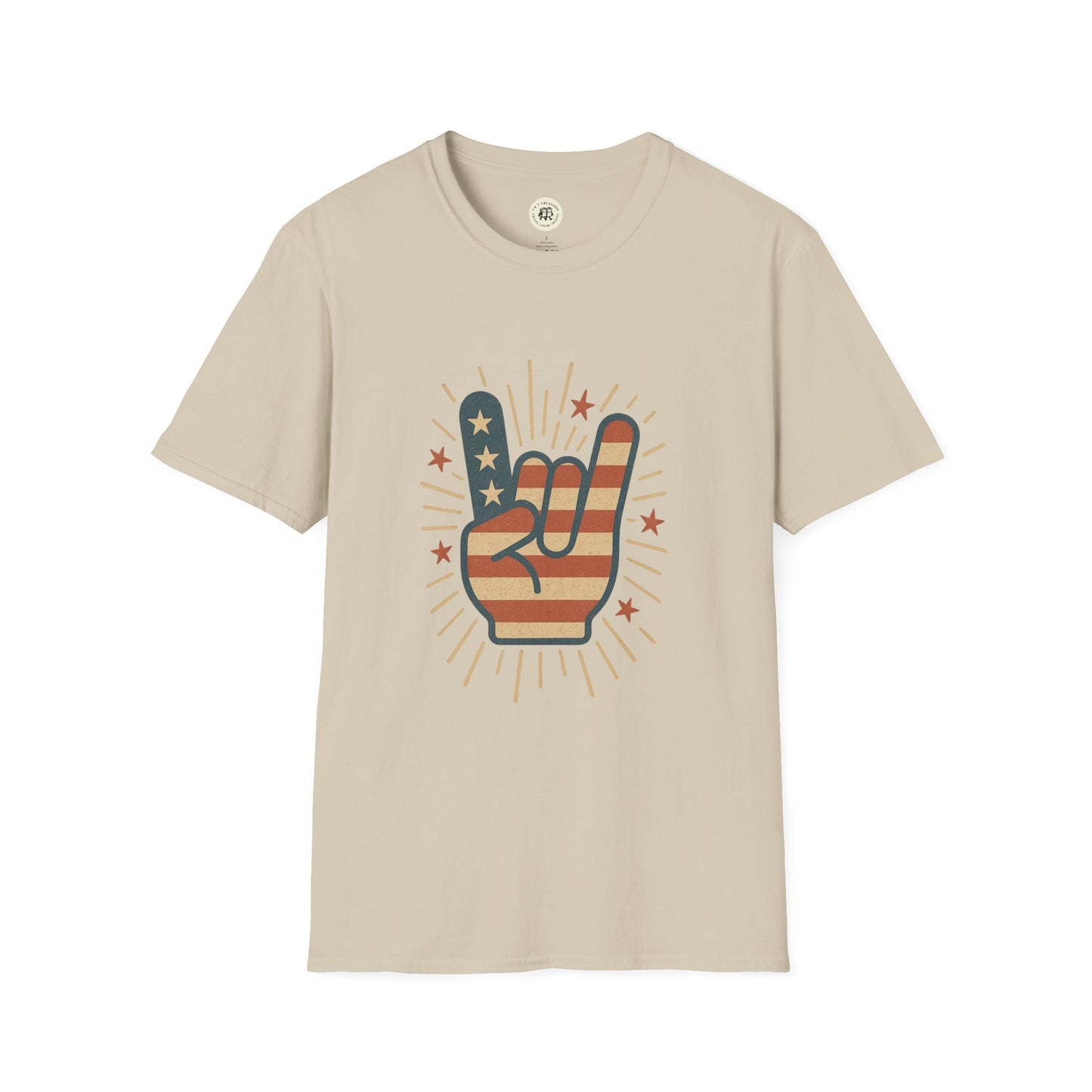 Printify beige t-shirt featuring a patriotic rock t-shirt design with American flag hand symbol