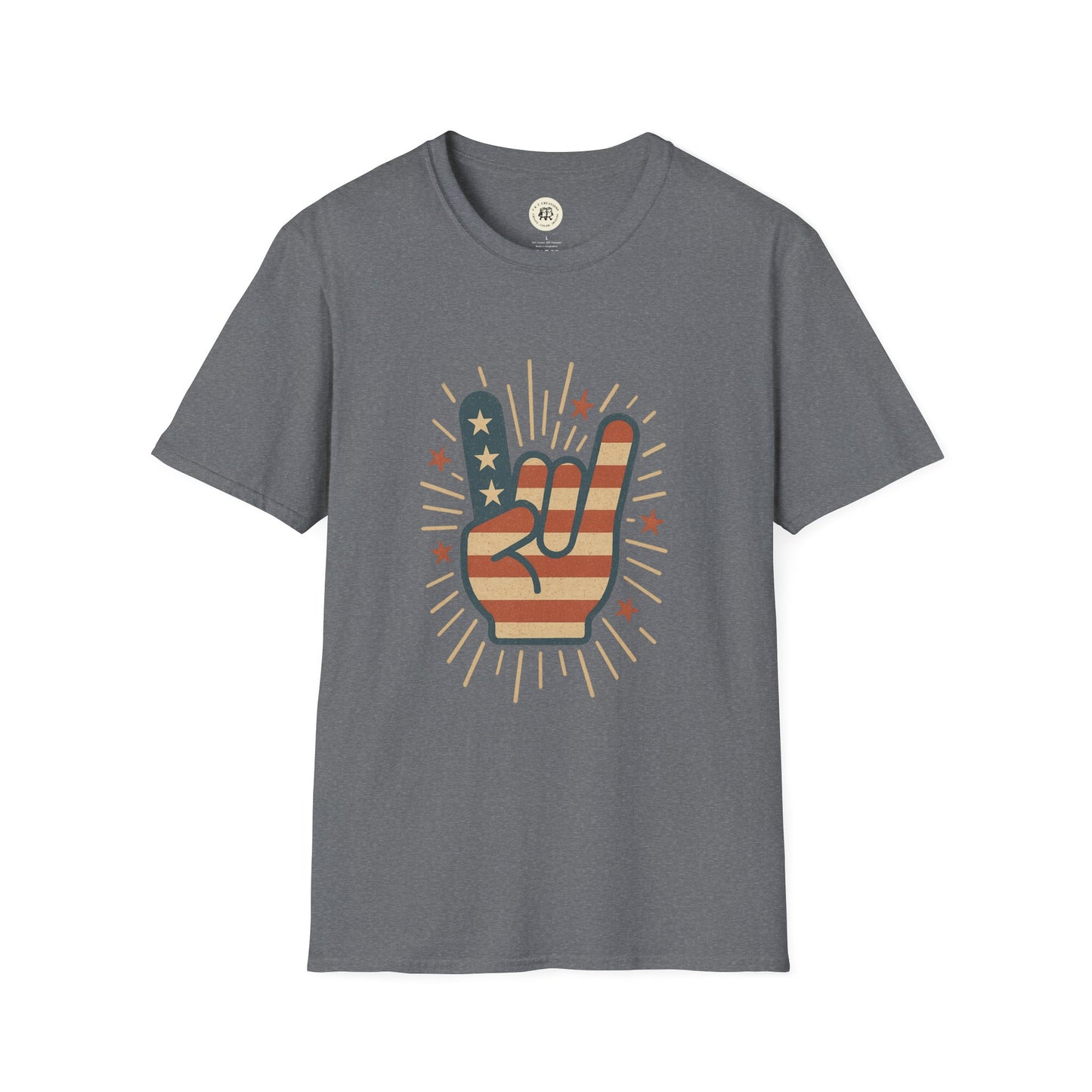 Gray Printify patriotic rock t-shirt with American flag hand rock gesture graphic