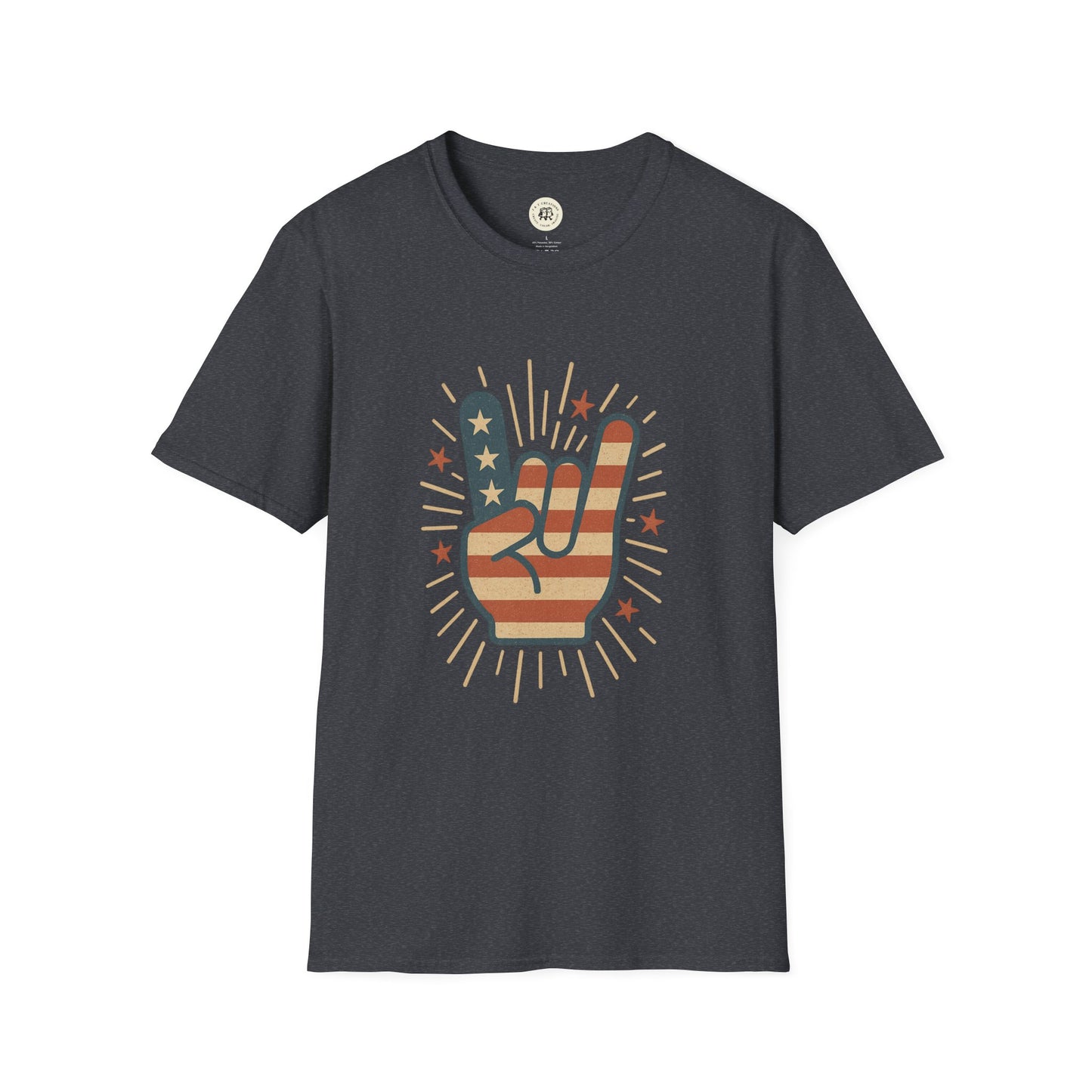 Printify patriotic rock t-shirt with vintage American flag hand rock sign design on black fabric