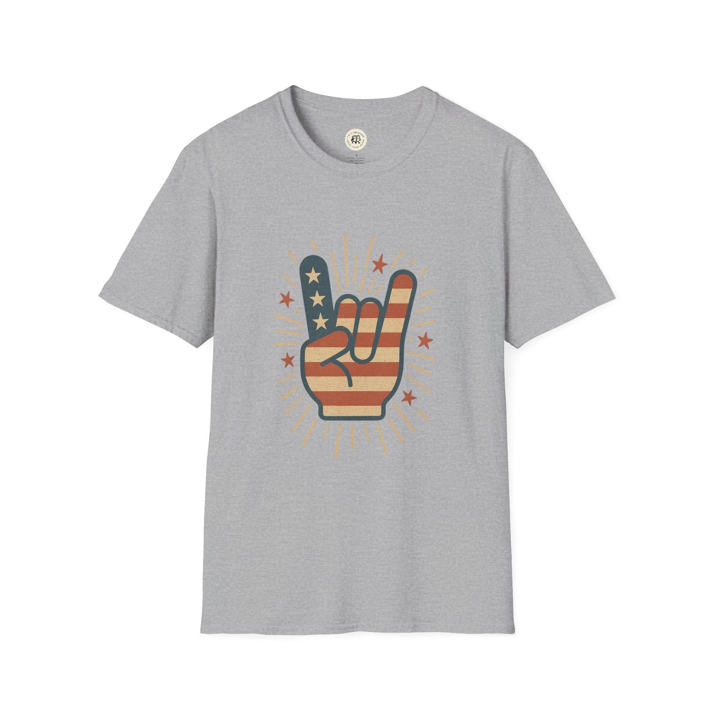 Gray Printify patriotic rock t-shirt featuring a hand with American flag design and stars
