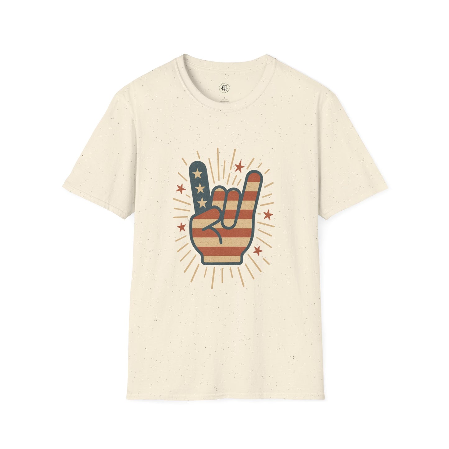 Printify patriotic rock t-shirt featuring a hand making rock sign with American flag design