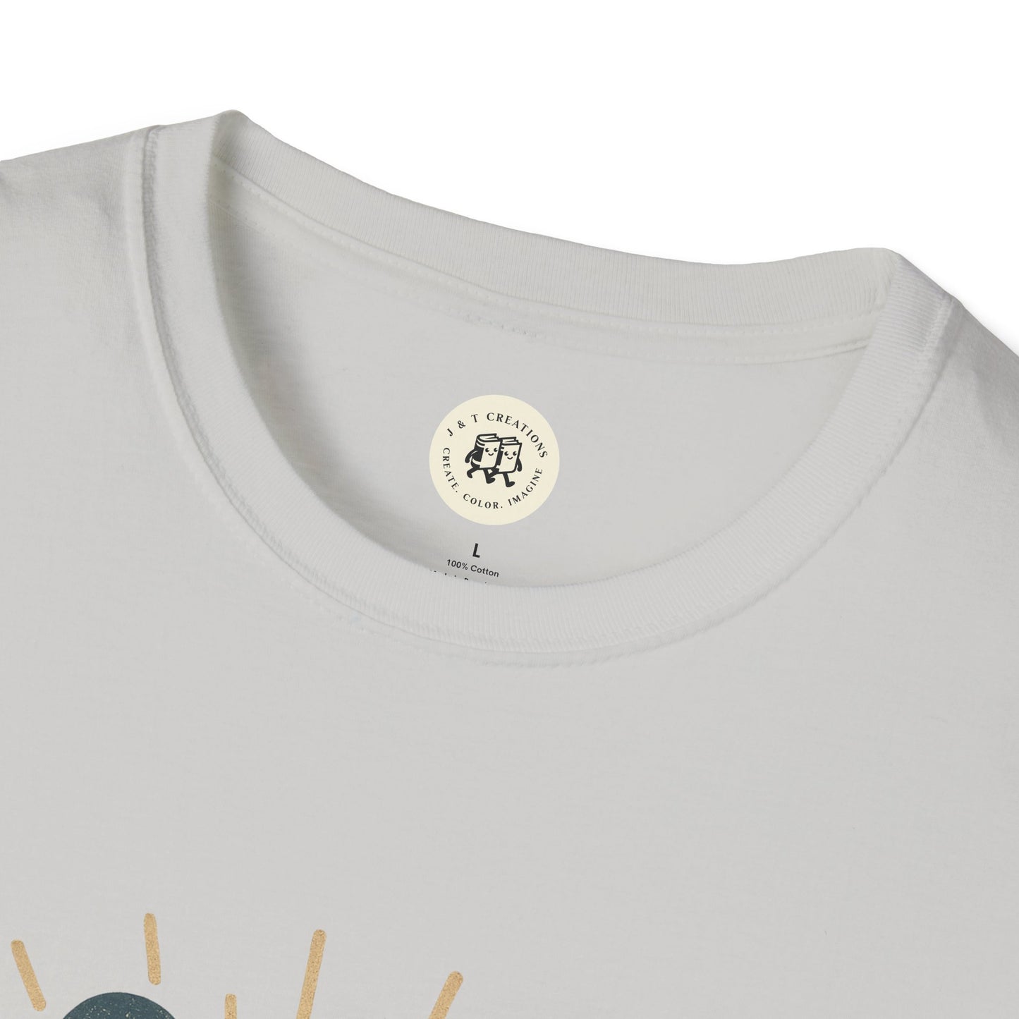 Close-up of Printify white patriotic rock t-shirt neckline and collar stitching