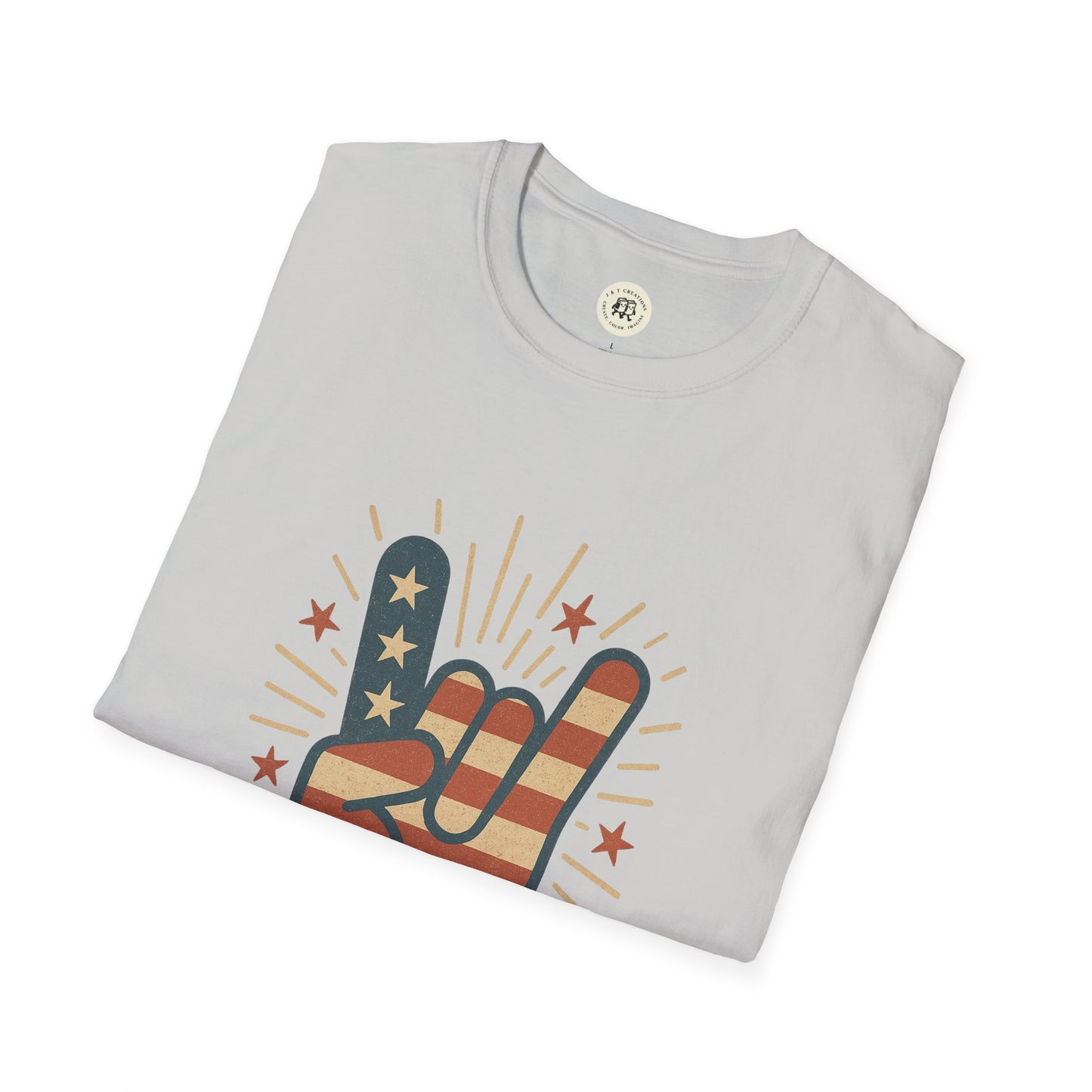Printify patriotic rock t-shirt with American flag hand gesture design on light gray fabric